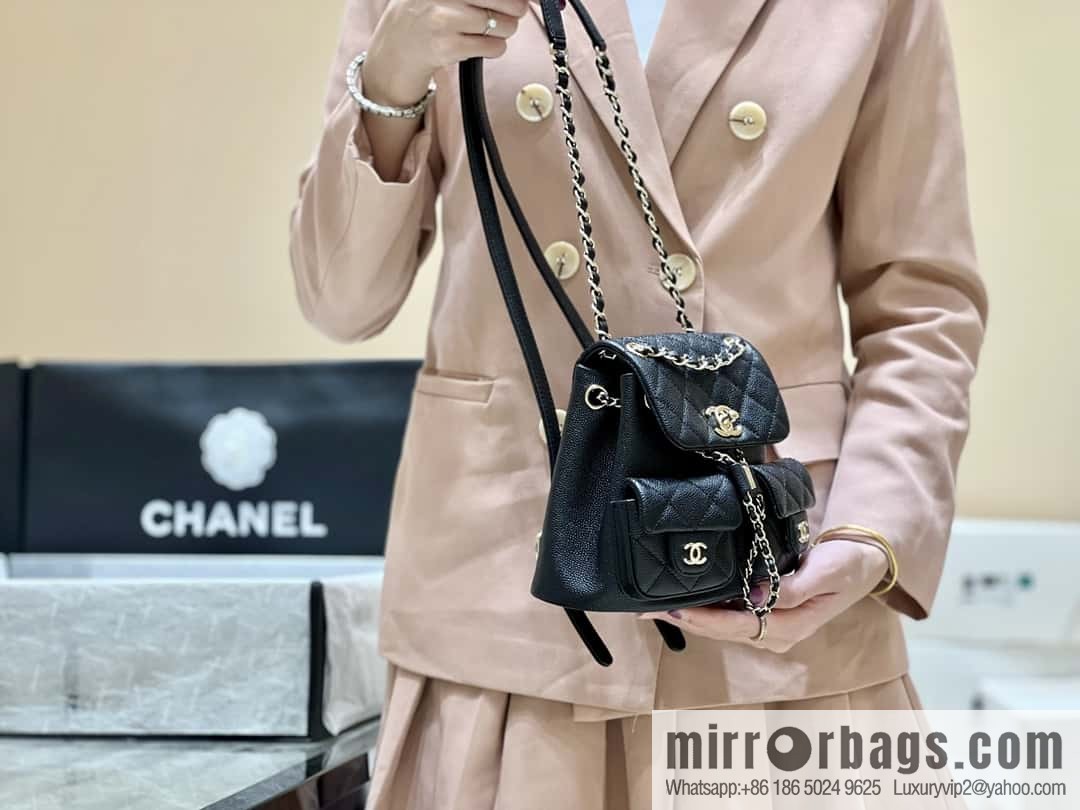CHANEL 23P spring and summer trailer series, lychee leather duma double backpack AS3787 black