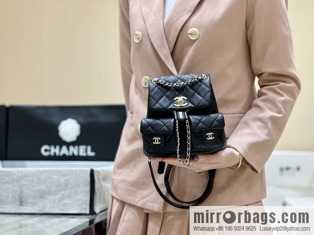 CHANEL 23P spring and summer trailer series, lychee leather duma double backpack AS3787 black