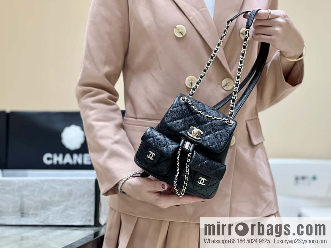 CHANEL 23P spring and summer trailer series, lychee leather duma double backpack AS3787 black