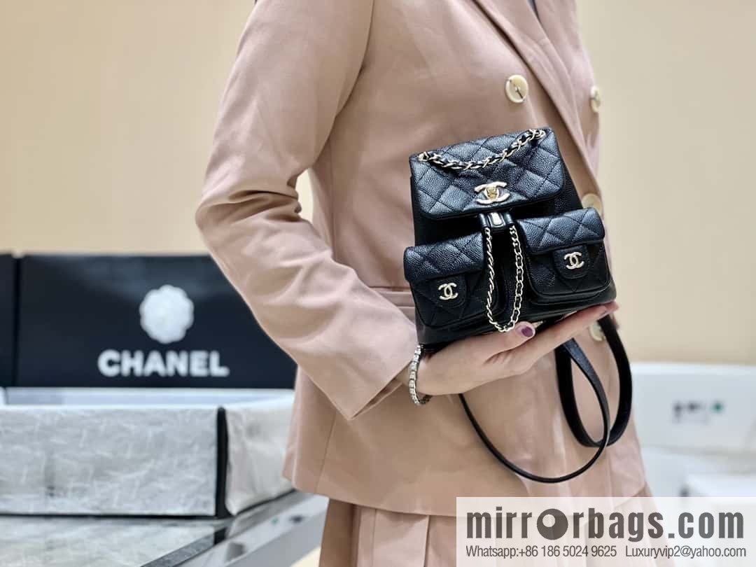 CHANEL 23P spring and summer trailer series, lychee leather duma double backpack AS3787 black