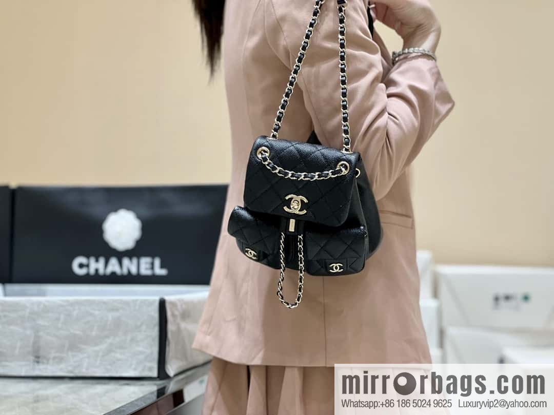CHANEL 23P spring and summer trailer series, lychee leather duma double backpack AS3787 black