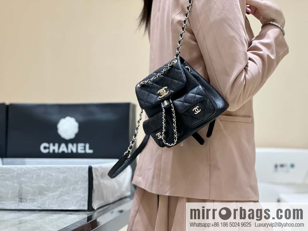 CHANEL 23P spring and summer trailer series, lychee leather duma double backpack AS3787 black