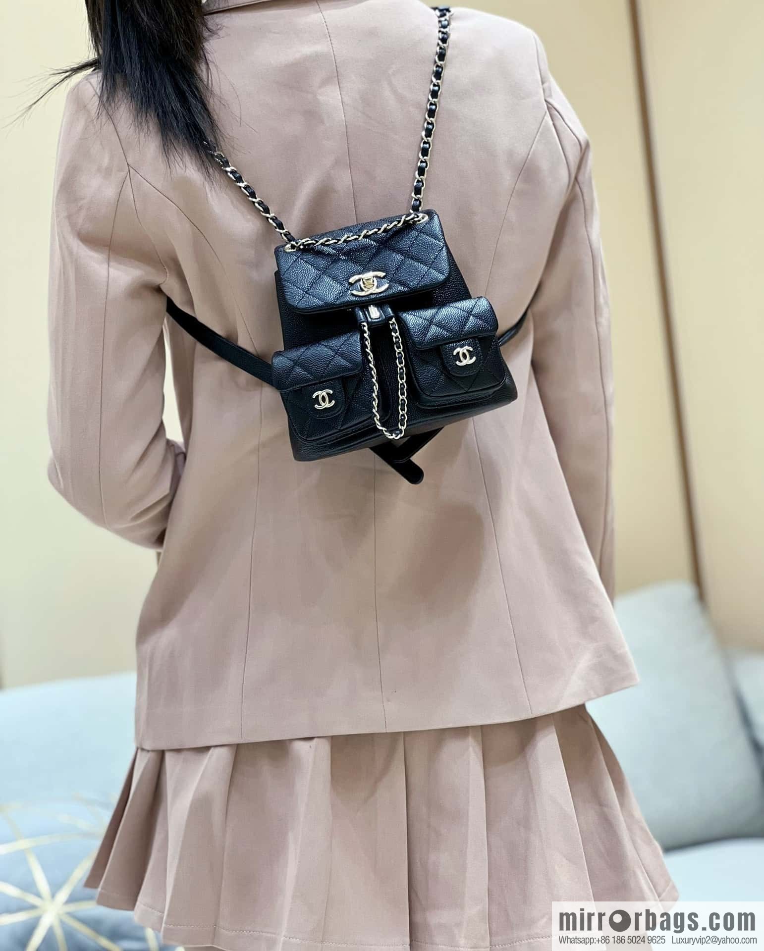 CHANEL 23P spring and summer trailer series, lychee leather duma double backpack AS3787 black