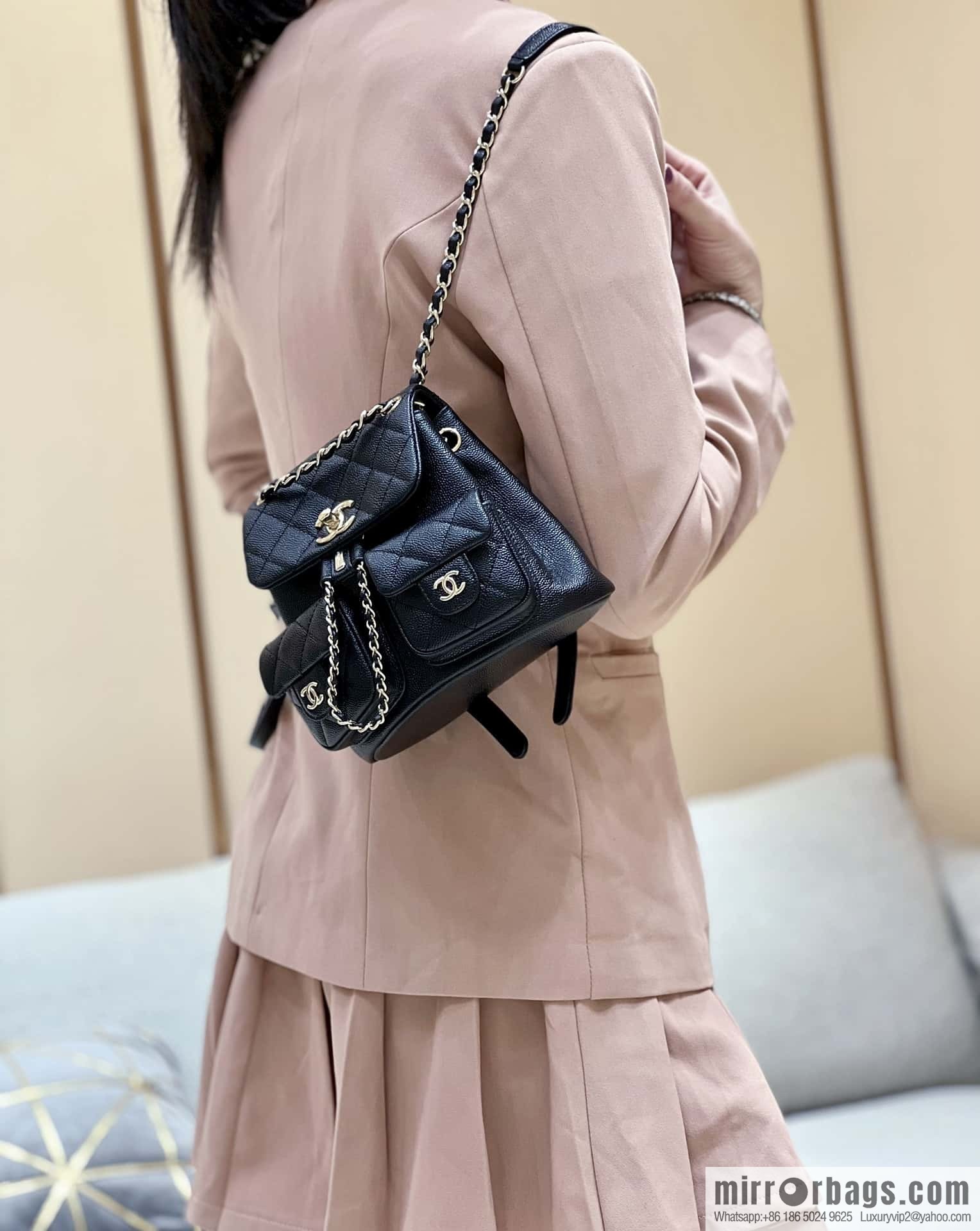 CHANEL 23P spring and summer trailer series, lychee leather duma double backpack AS3787 black