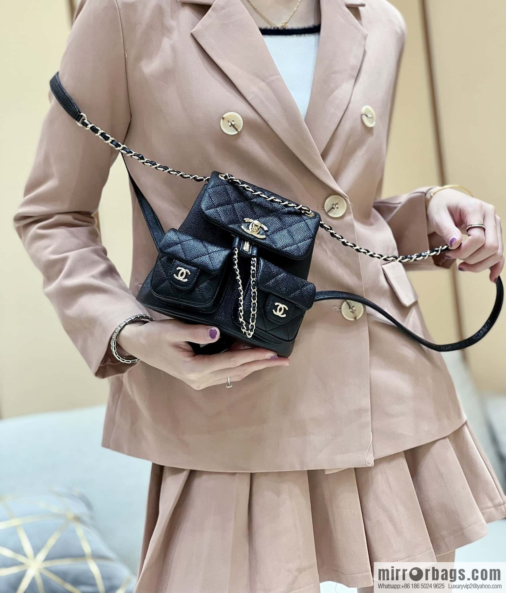 CHANEL 23P spring and summer trailer series, lychee leather duma double backpack AS3787 black