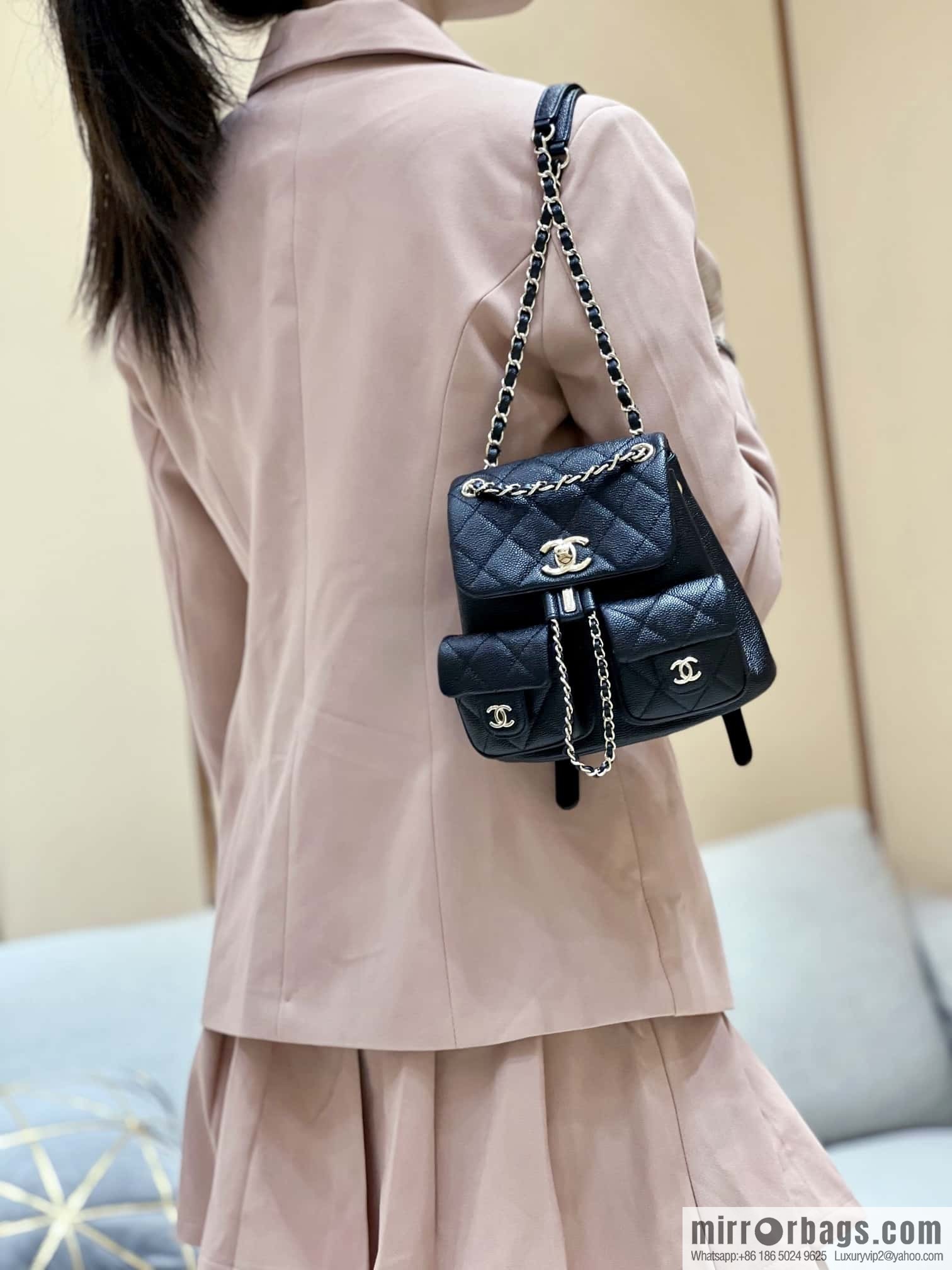 CHANEL 23P spring and summer trailer series, lychee leather duma double backpack AS3787 black