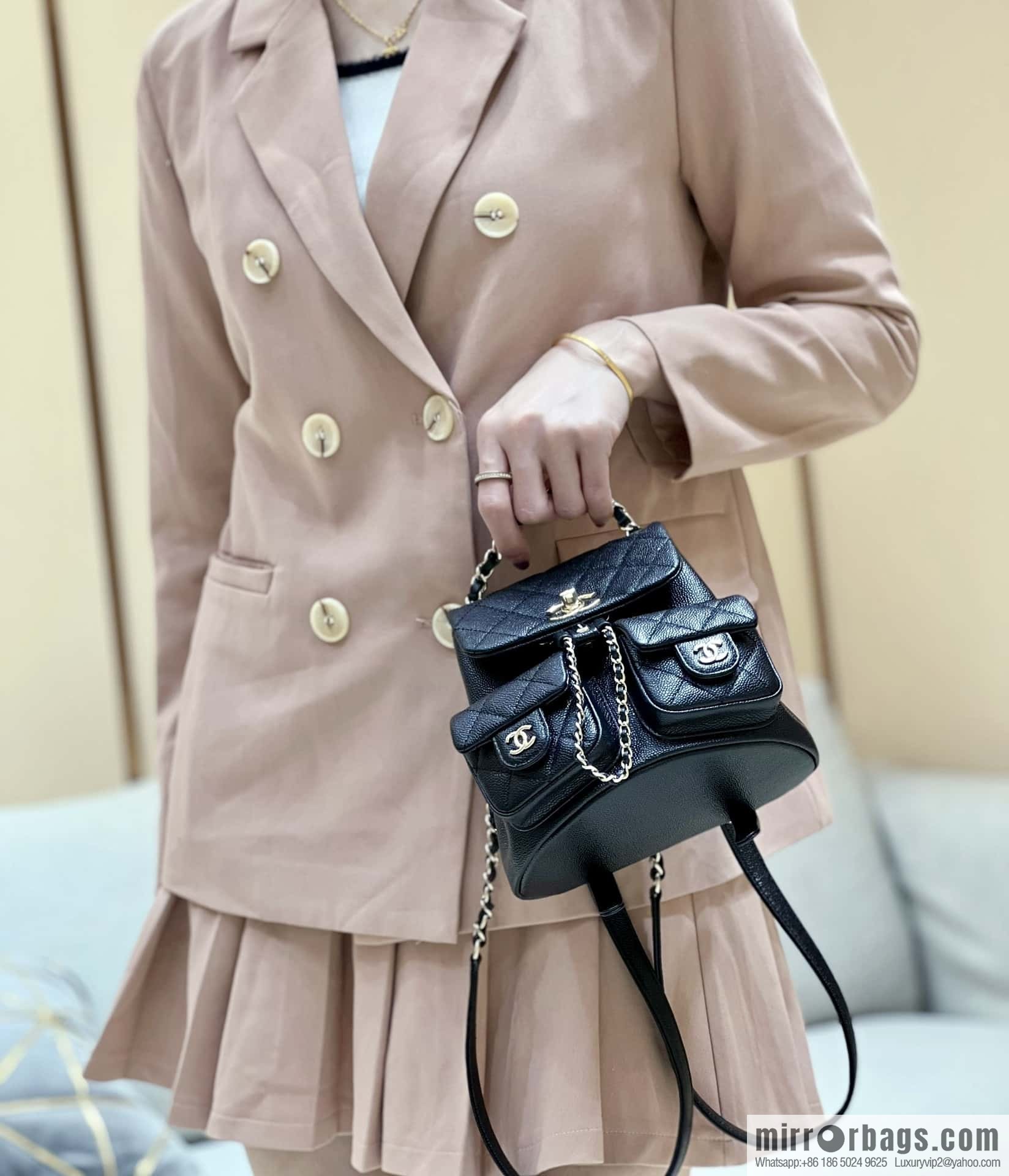 CHANEL 23P spring and summer trailer series, lychee leather duma double backpack AS3787 black