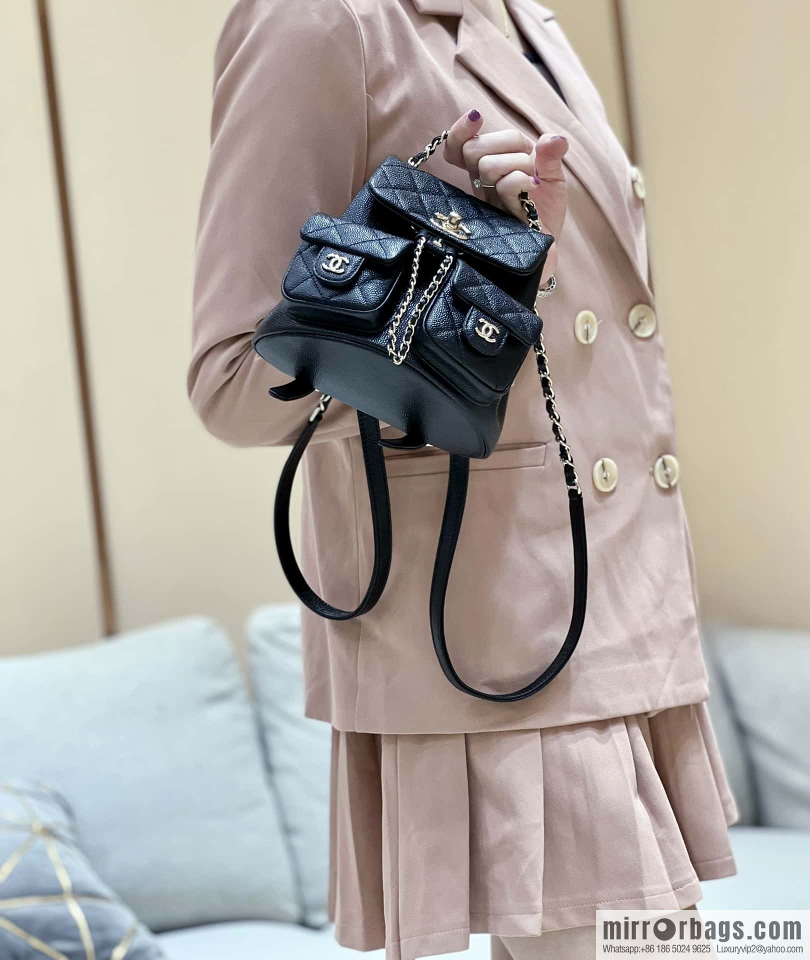 CHANEL 23P spring and summer trailer series, lychee leather duma double backpack AS3787 black