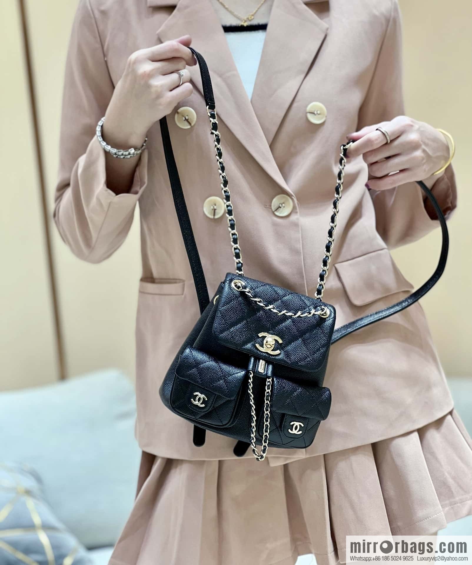CHANEL 23P spring and summer trailer series, lychee leather duma double backpack AS3787 black
