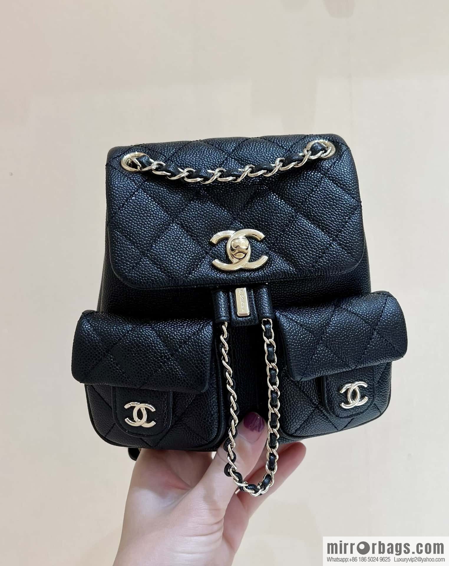 CHANEL 23P spring and summer trailer series, lychee leather duma double backpack AS3787 black