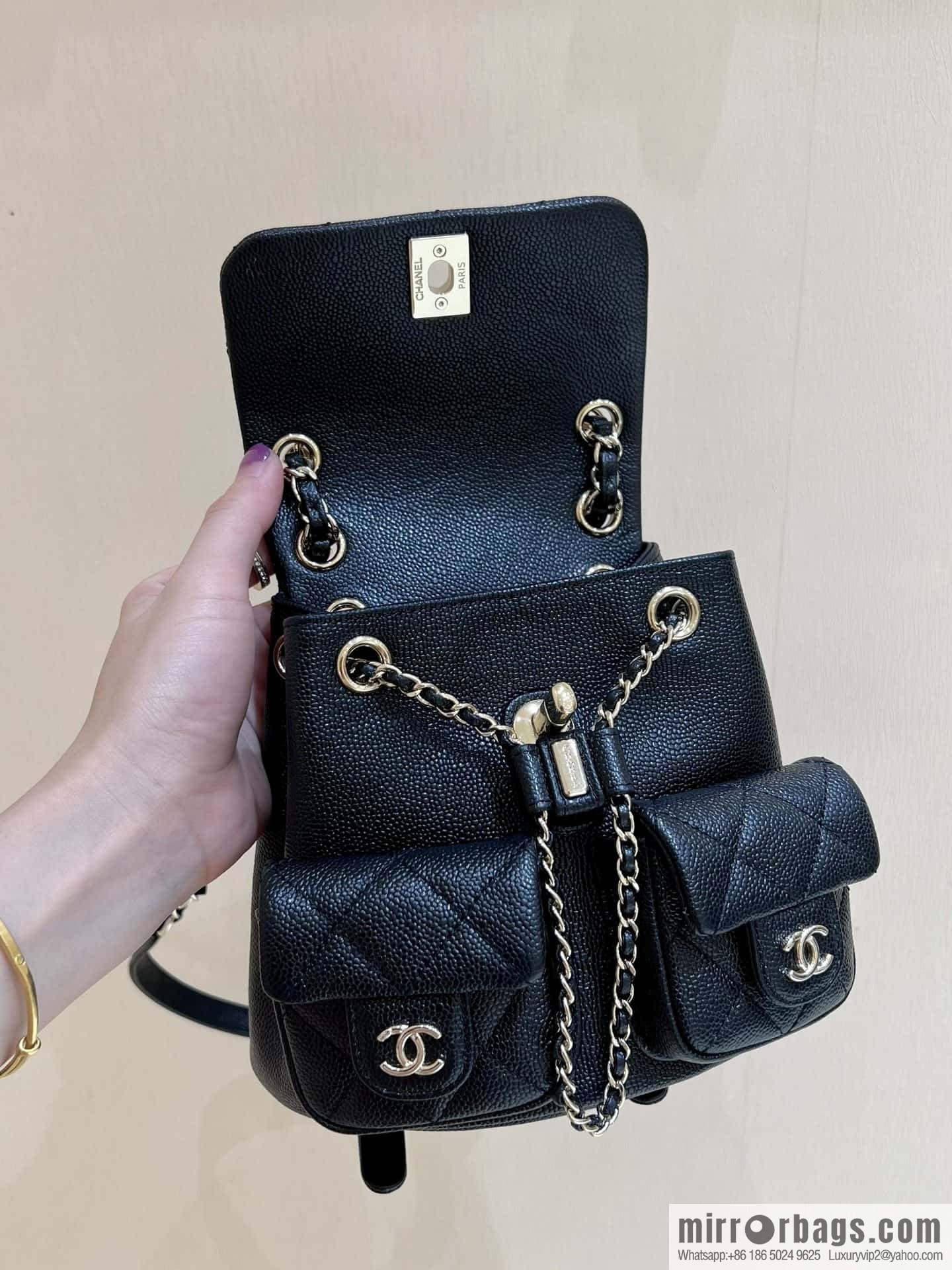 CHANEL 23P spring and summer trailer series, lychee leather duma double backpack AS3787 black