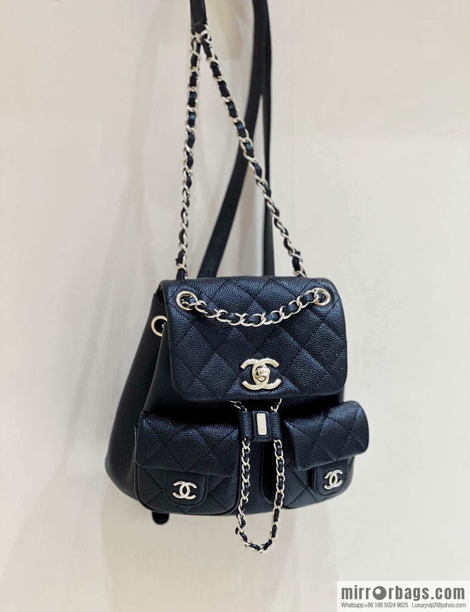CHANEL 23P spring and summer trailer series, lychee leather duma double backpack AS3787 black