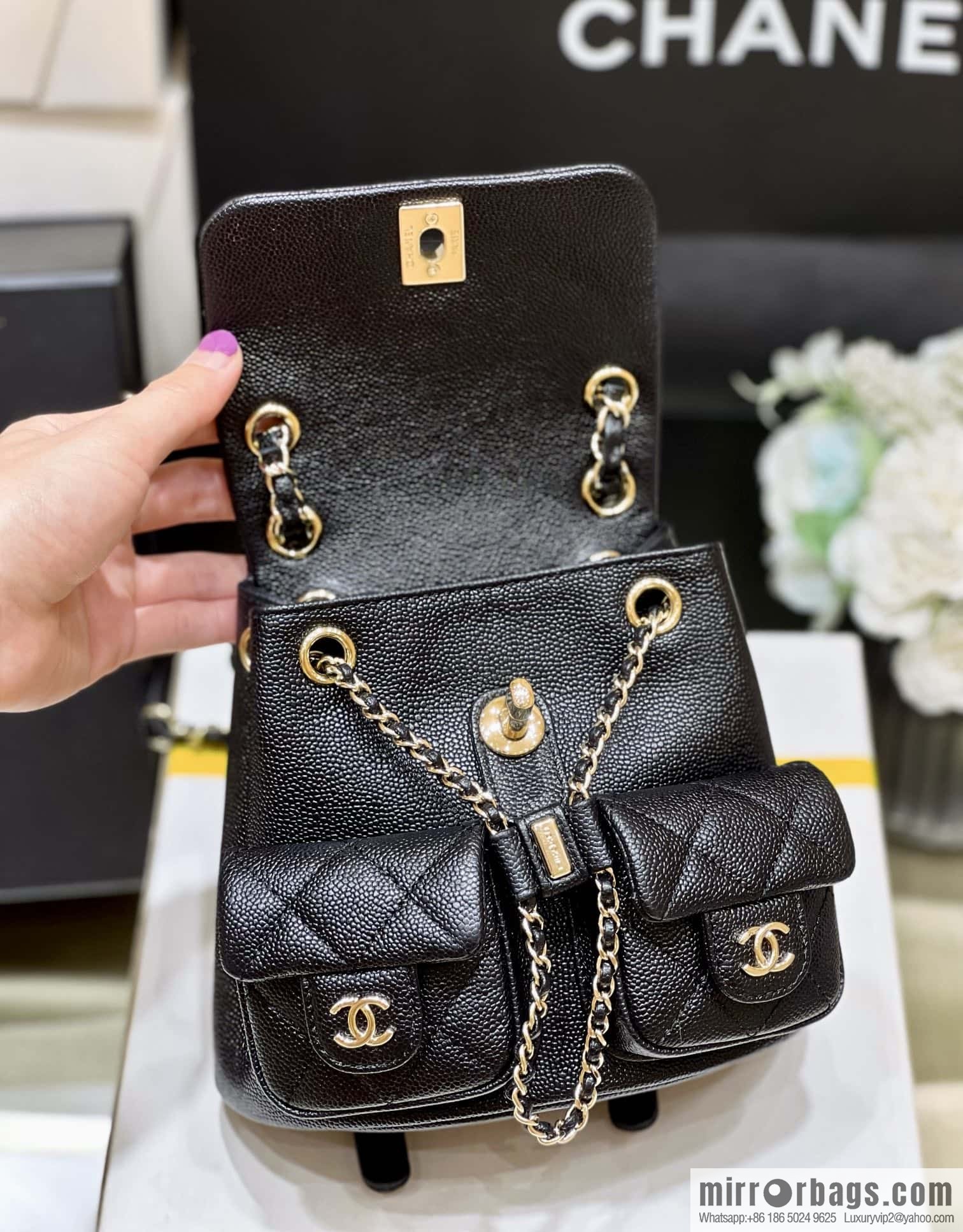 CHANEL 23P spring and summer trailer series, lychee leather duma double backpack AS3787 black