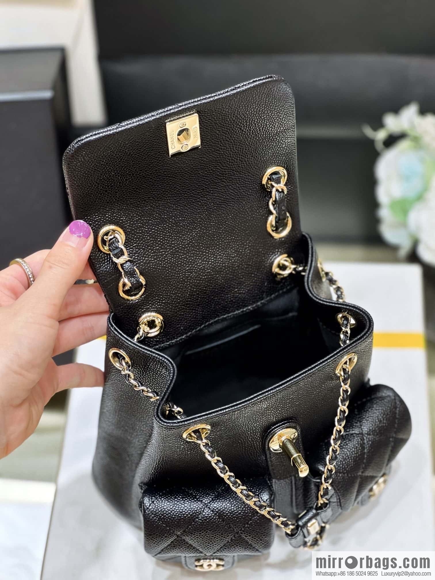 CHANEL 23P spring and summer trailer series, lychee leather duma double backpack AS3787 black