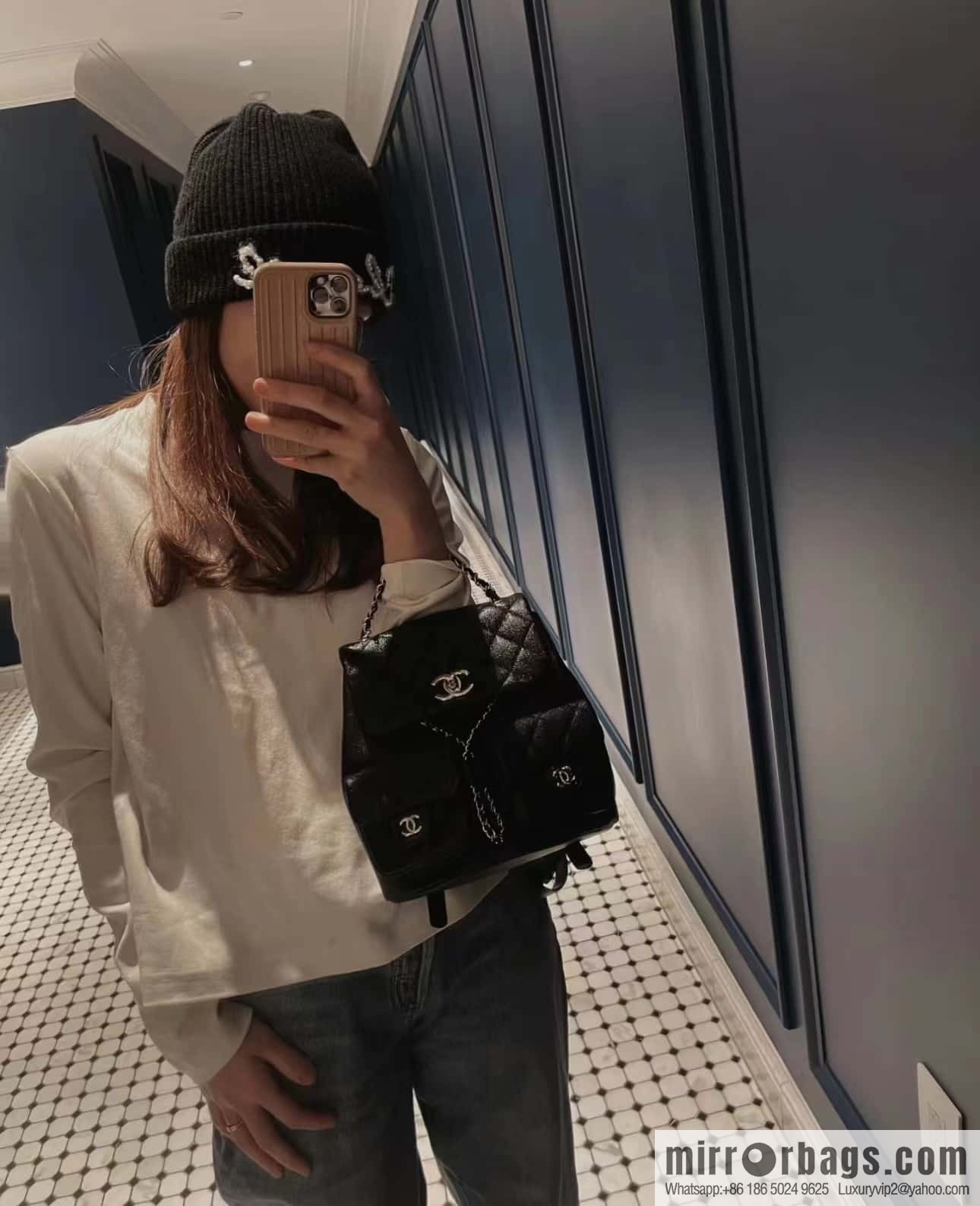 CHANEL 23P spring and summer trailer series, lychee leather duma double backpack AS3860 black