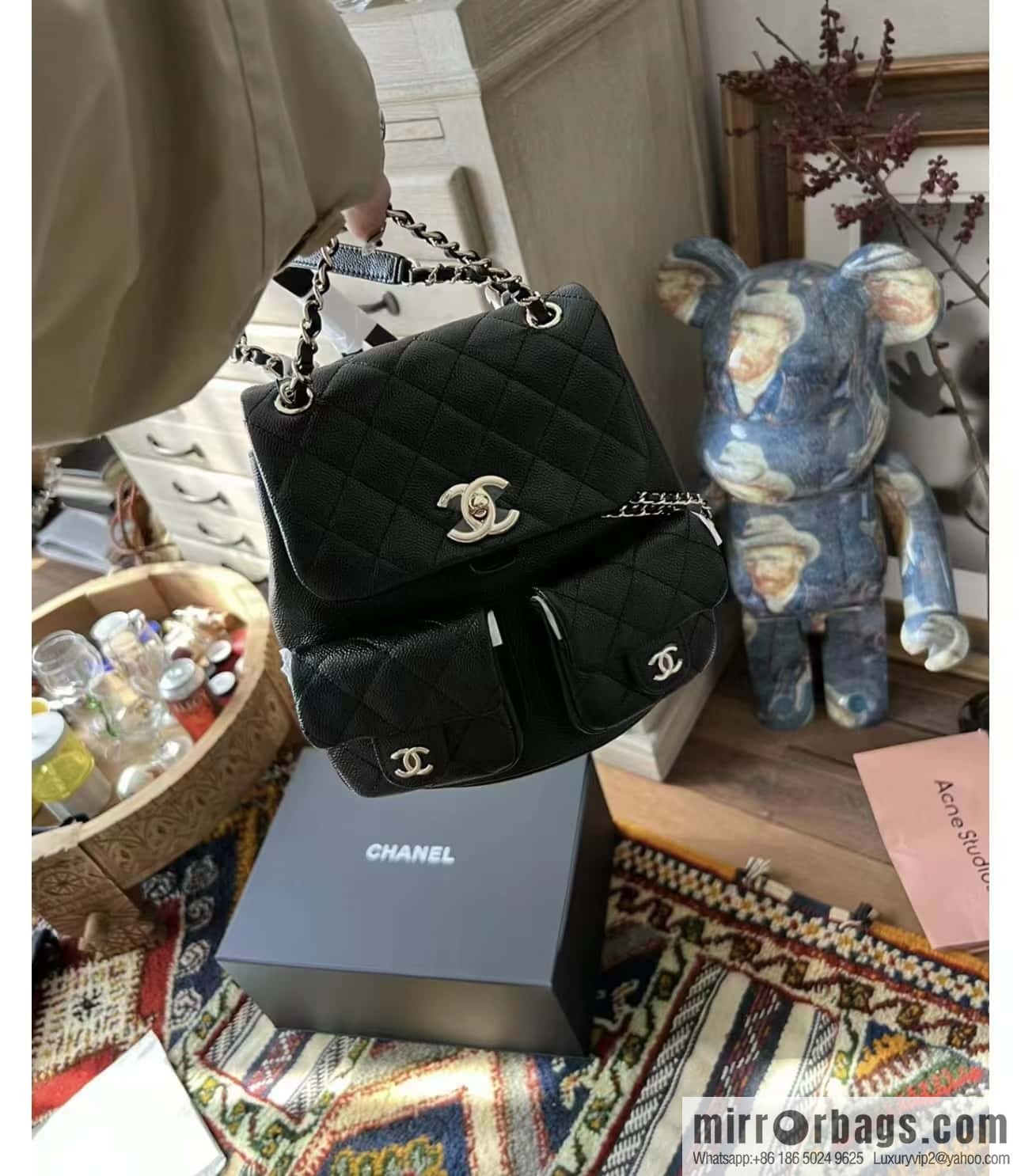 CHANEL 23P spring and summer trailer series, lychee leather duma double backpack AS3860 black