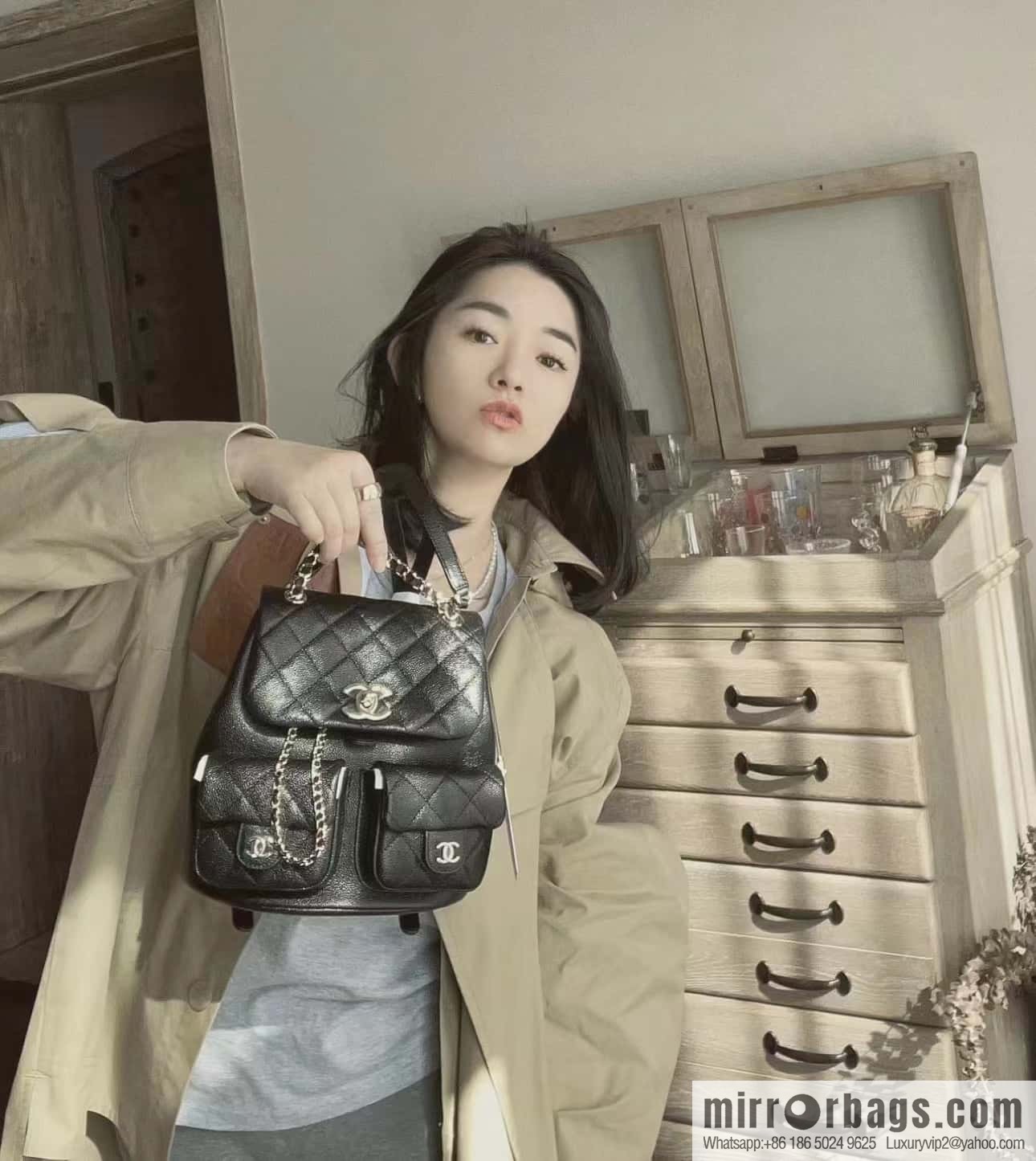 CHANEL 23P spring and summer trailer series, lychee leather duma double backpack AS3860 black