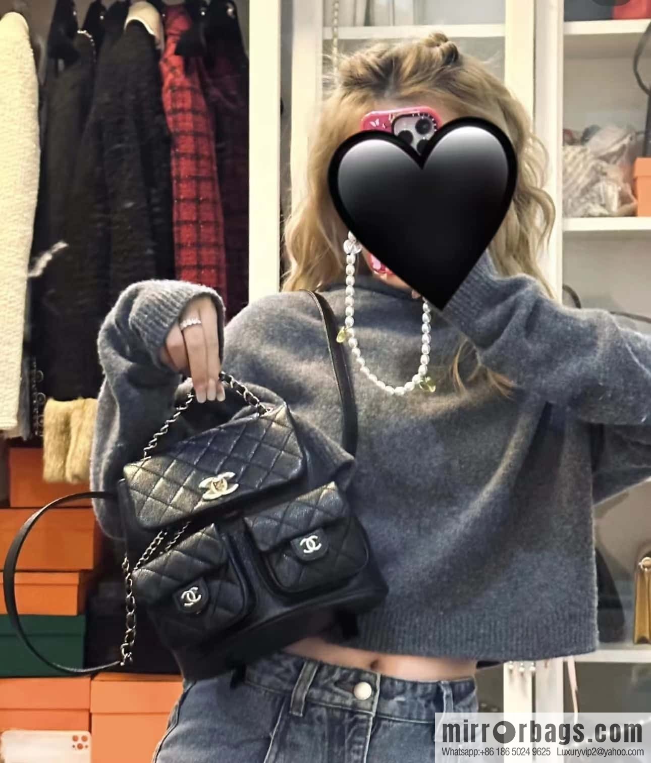 CHANEL 23P spring and summer trailer series, lychee leather duma double backpack AS3860 black