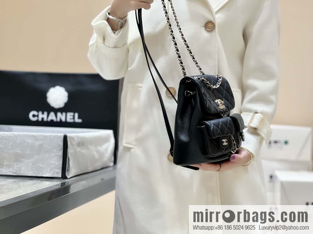 CHANEL 23P spring and summer trailer series, lychee leather duma double backpack AS3860 black