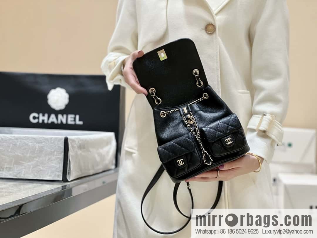 CHANEL 23P spring and summer trailer series, lychee leather duma double backpack AS3860 black