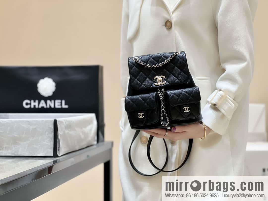 CHANEL 23P spring and summer trailer series, lychee leather duma double backpack AS3860 black