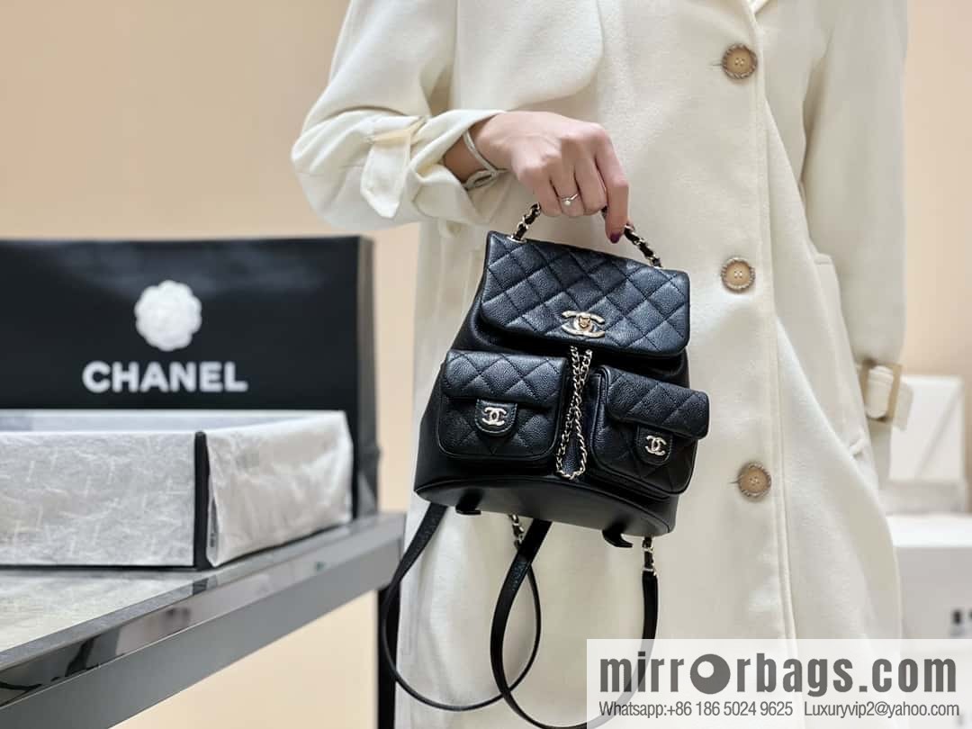 CHANEL 23P spring and summer trailer series, lychee leather duma double backpack AS3860 black