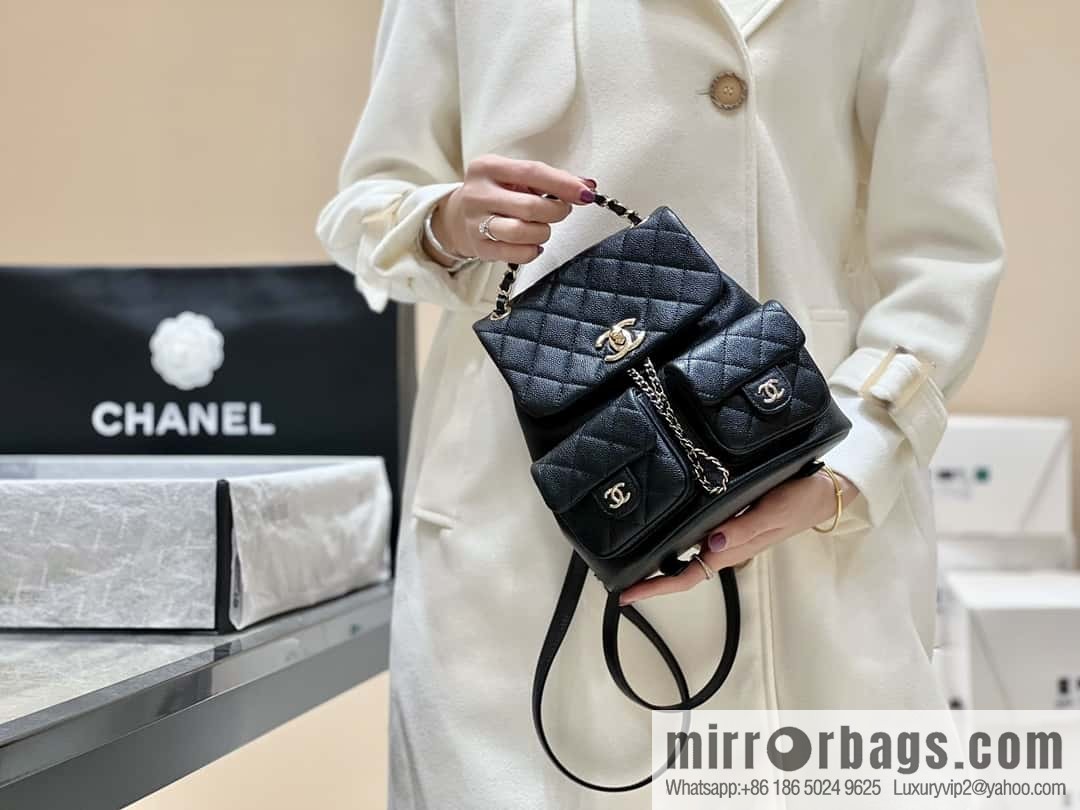 CHANEL 23P spring and summer trailer series, lychee leather duma double backpack AS3860 black