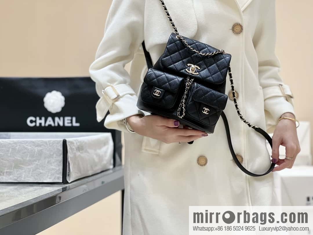 CHANEL 23P spring and summer trailer series, lychee leather duma double backpack AS3860 black