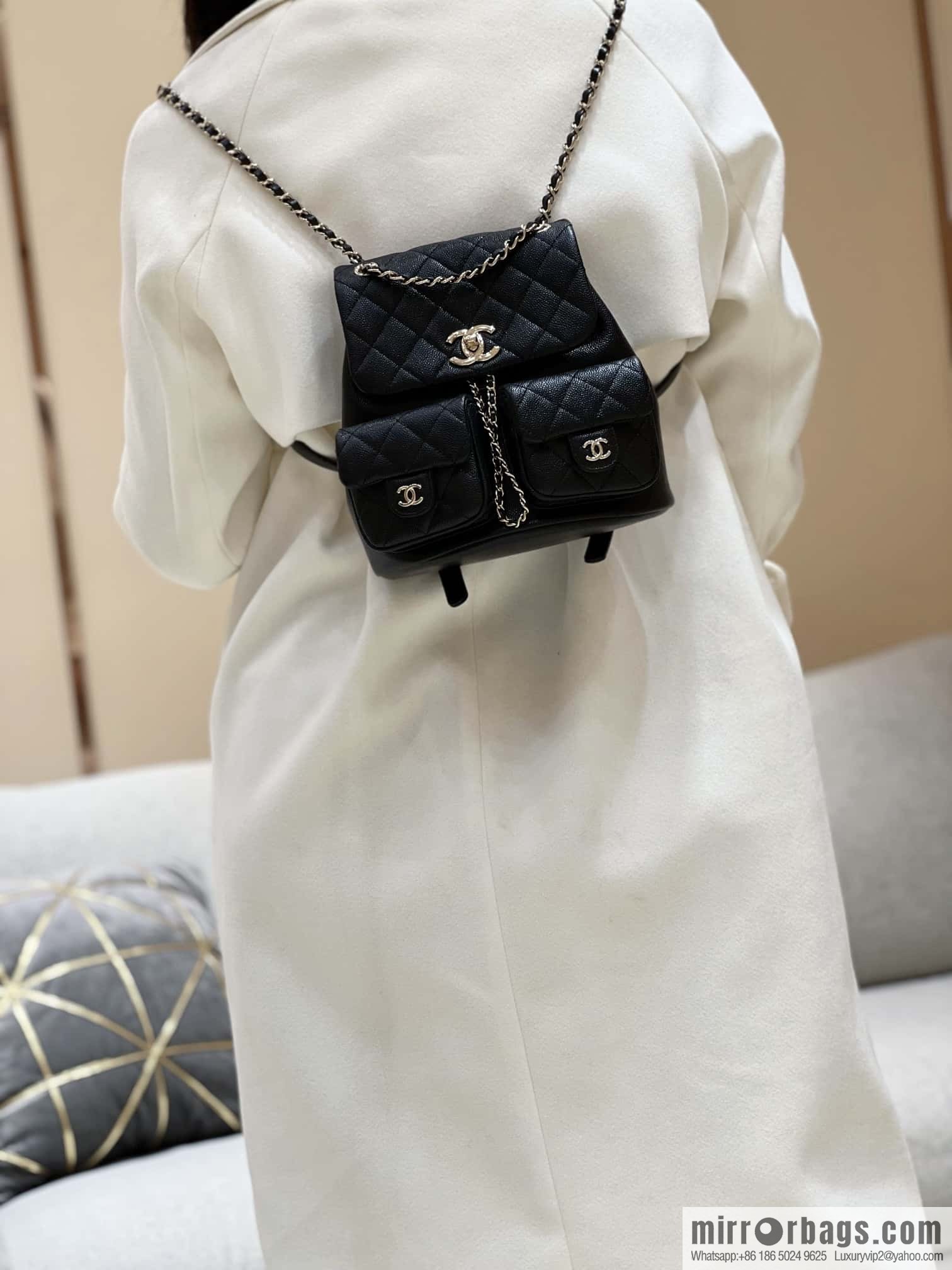 CHANEL 23P spring and summer trailer series, lychee leather duma double backpack AS3860 black