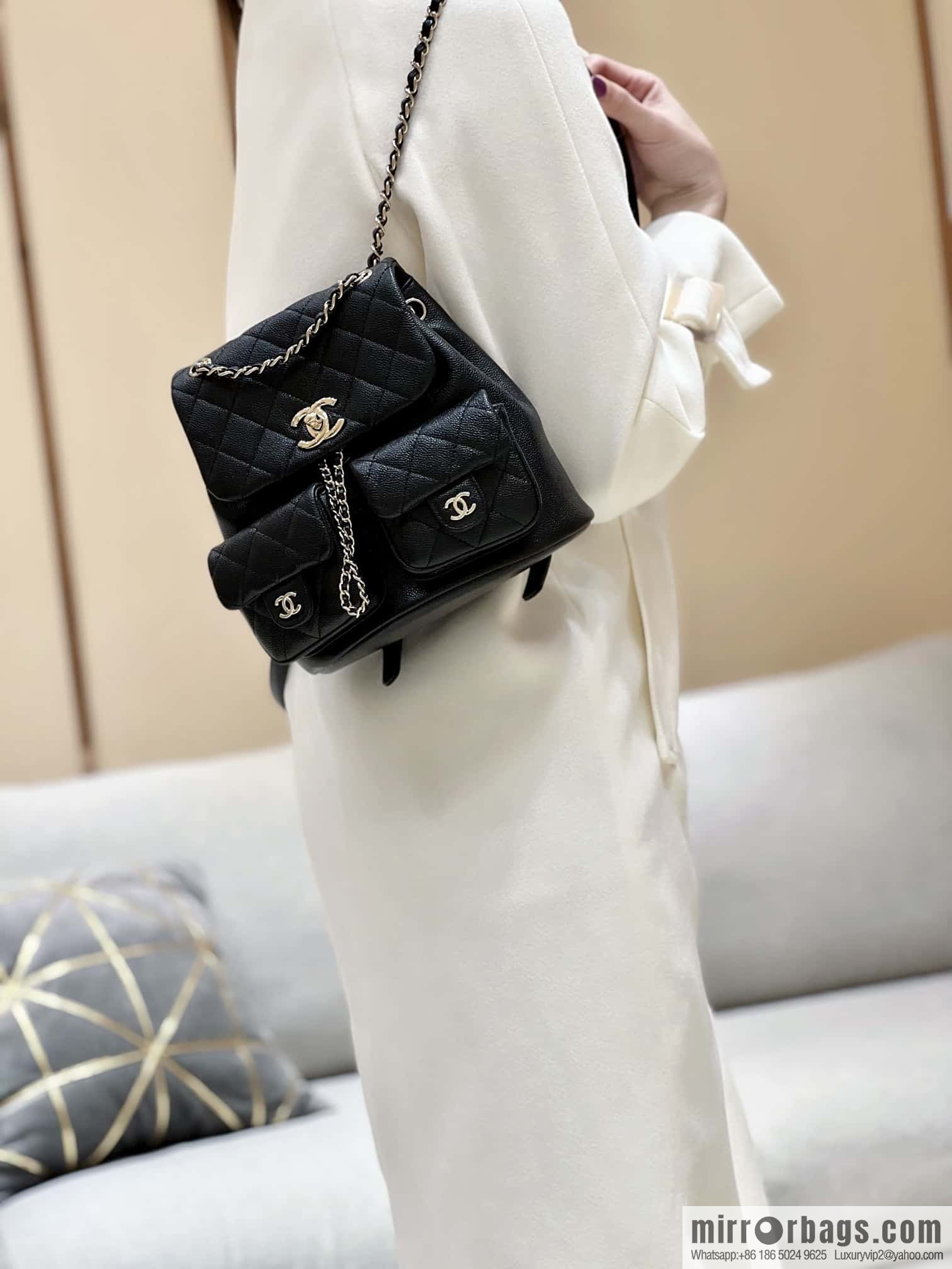 CHANEL 23P spring and summer trailer series, lychee leather duma double backpack AS3860 black