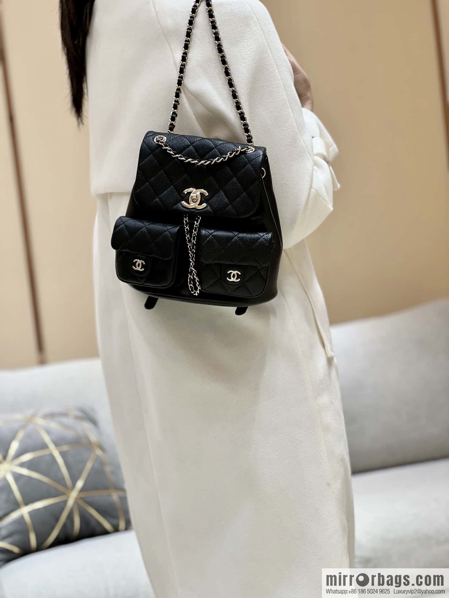 CHANEL 23P spring and summer trailer series, lychee leather duma double backpack AS3860 black