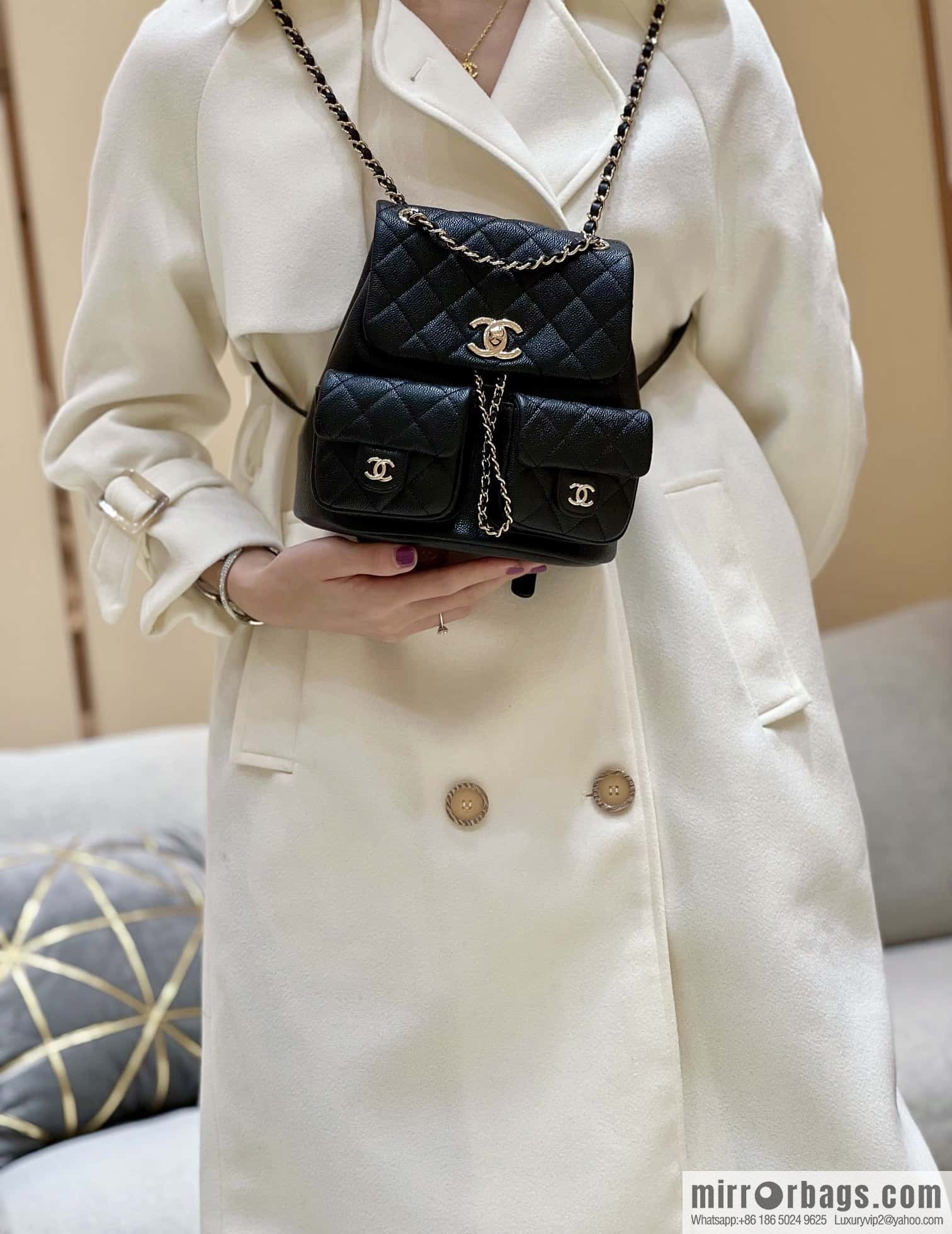 CHANEL 23P spring and summer trailer series, lychee leather duma double backpack AS3860 black