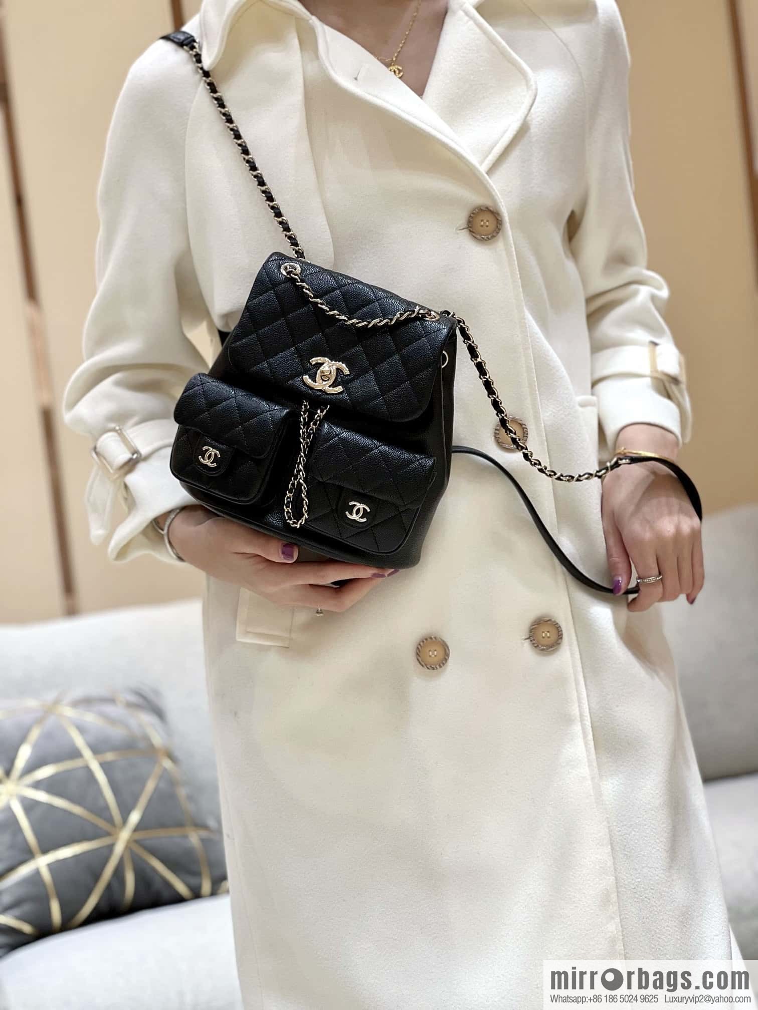 CHANEL 23P spring and summer trailer series, lychee leather duma double backpack AS3860 black