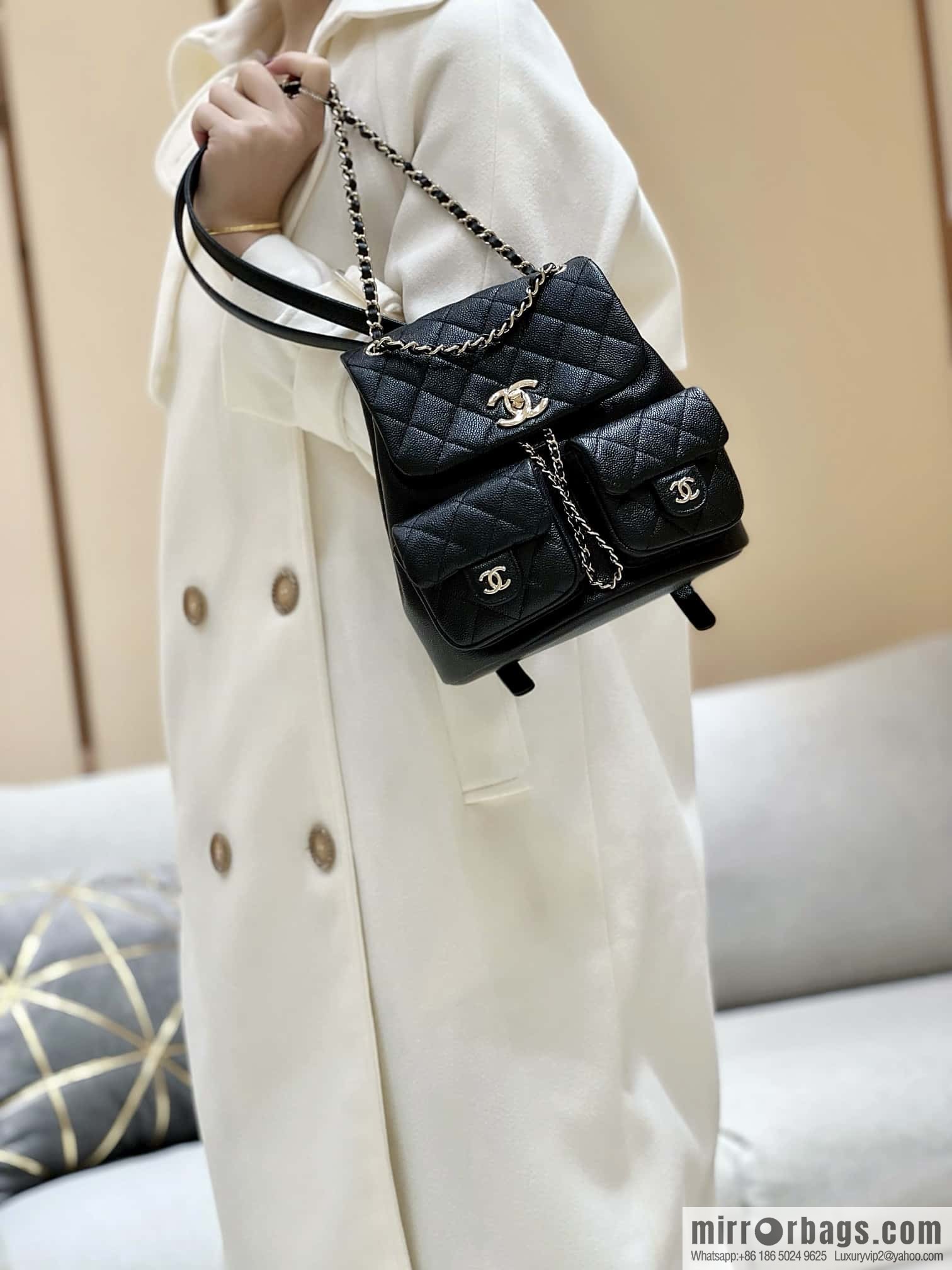CHANEL 23P spring and summer trailer series, lychee leather duma double backpack AS3860 black