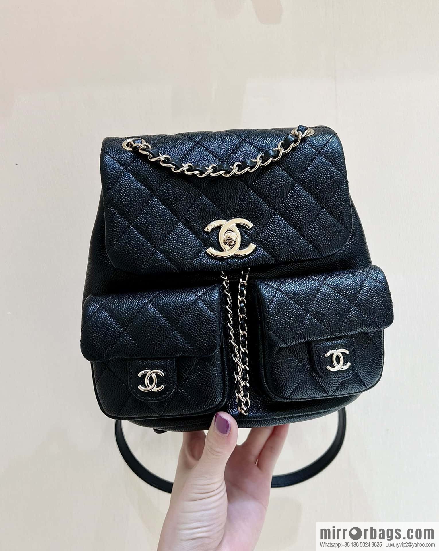 CHANEL 23P spring and summer trailer series, lychee leather duma double backpack AS3860 black