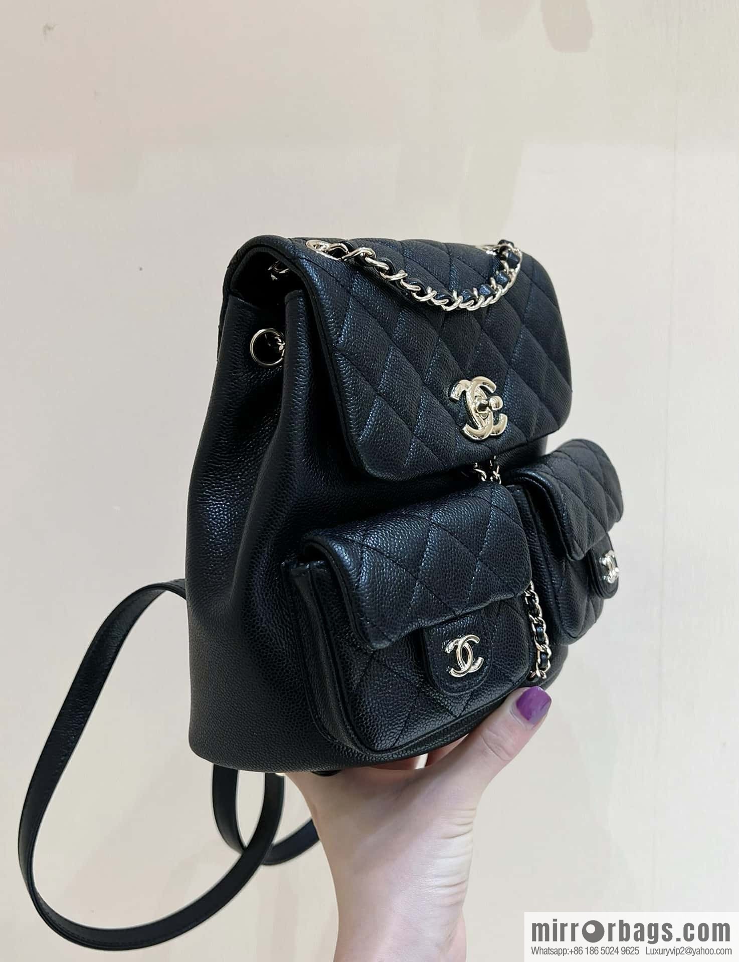 CHANEL 23P spring and summer trailer series, lychee leather duma double backpack AS3860 black