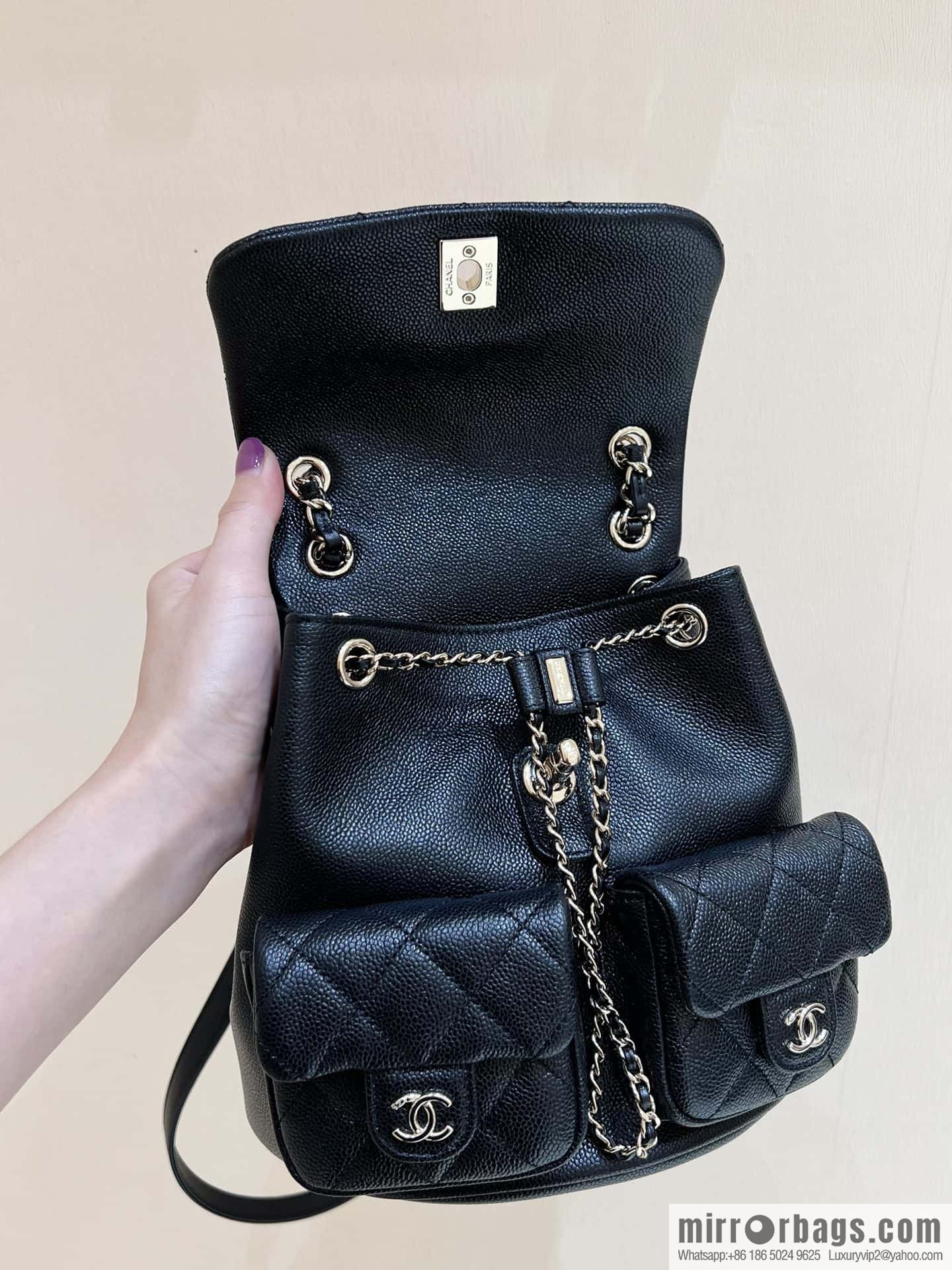 CHANEL 23P spring and summer trailer series, lychee leather duma double backpack AS3860 black