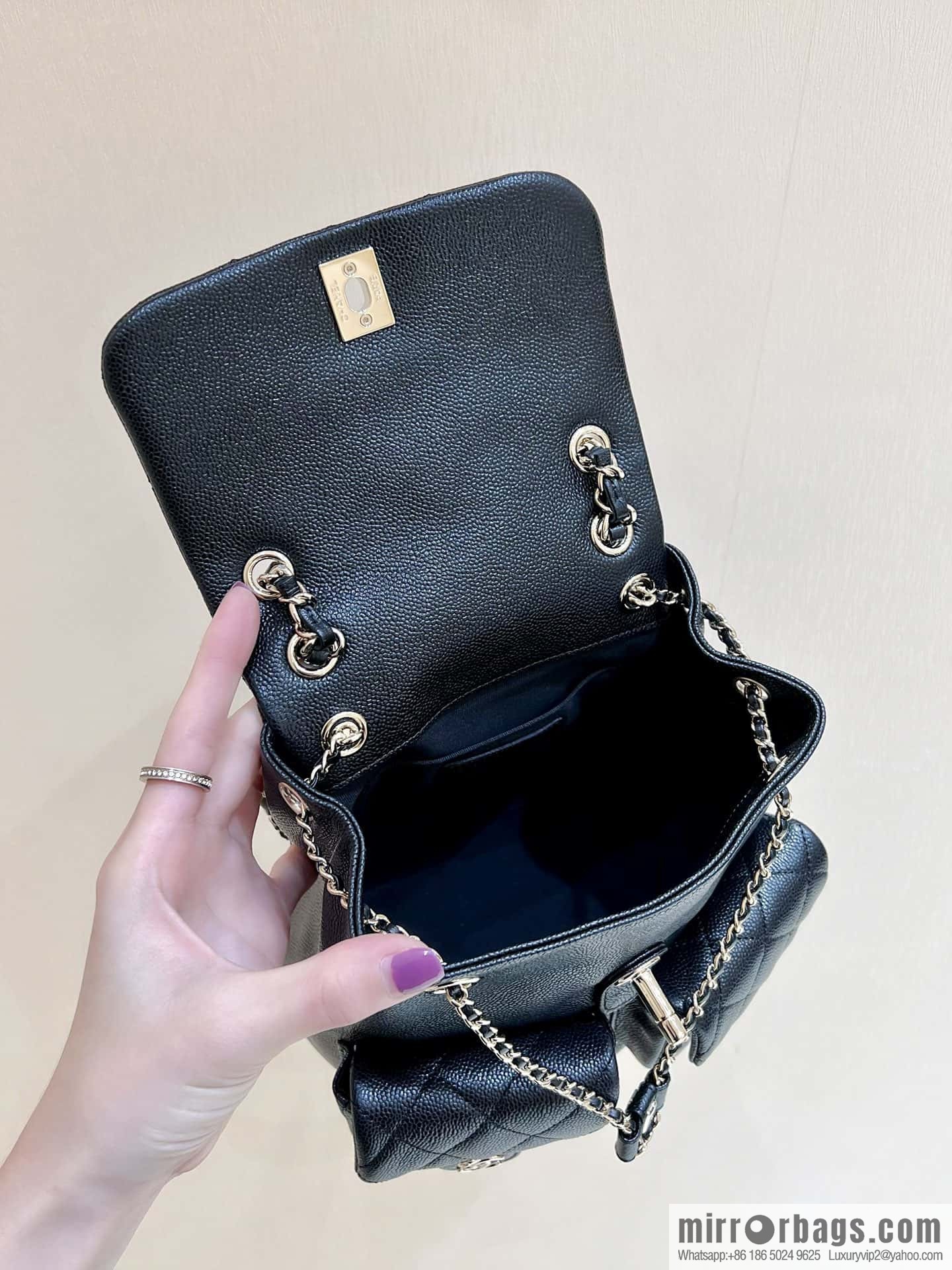 CHANEL 23P spring and summer trailer series, lychee leather duma double backpack AS3860 black
