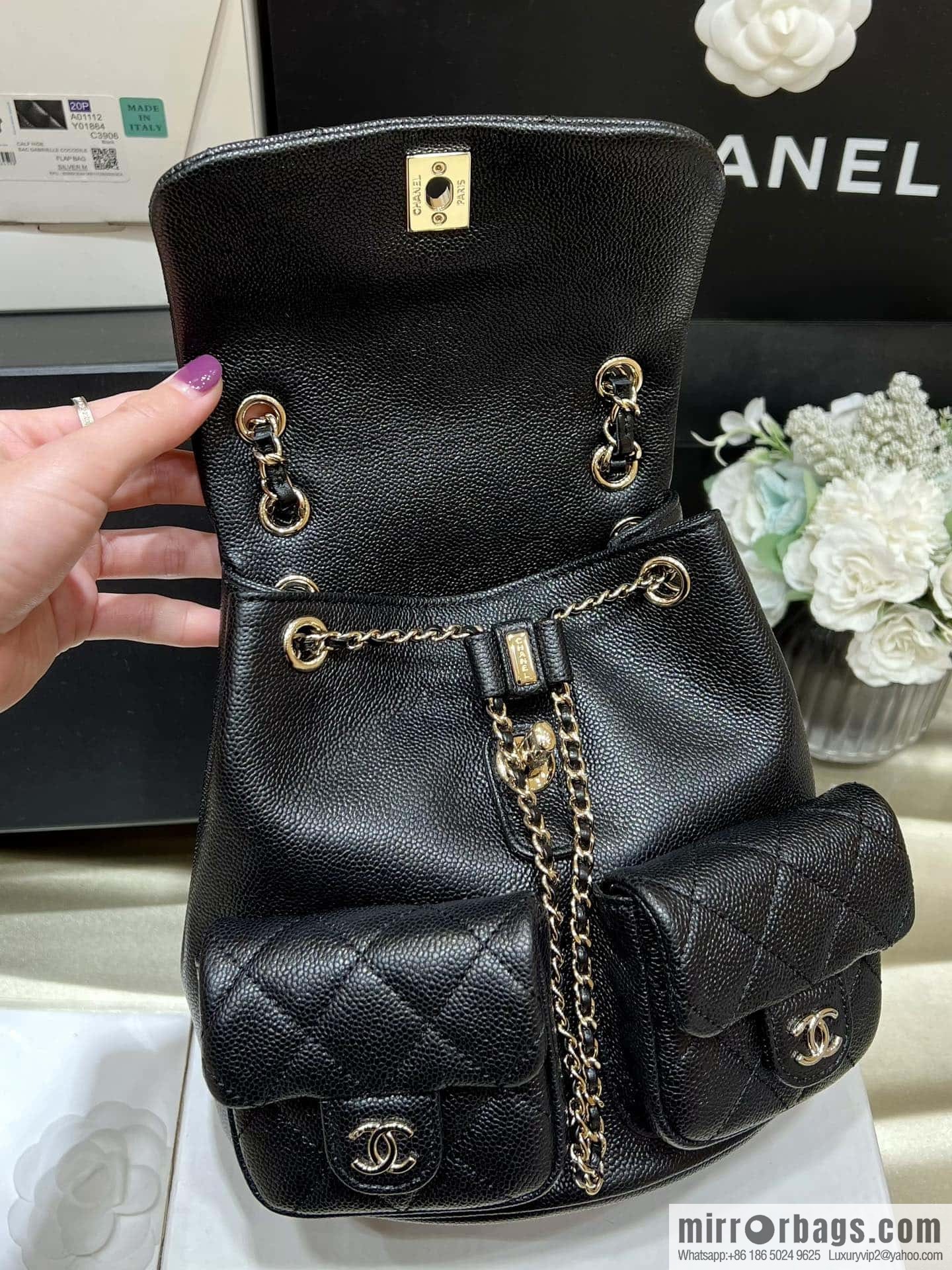 CHANEL 23P spring and summer trailer series, lychee leather duma double backpack AS3860 black