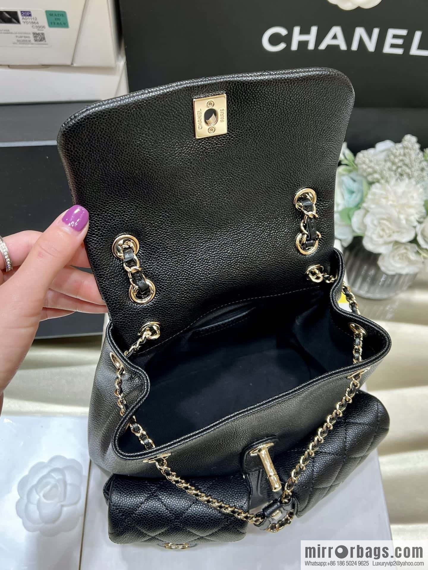 CHANEL 23P spring and summer trailer series, lychee leather duma double backpack AS3860 black