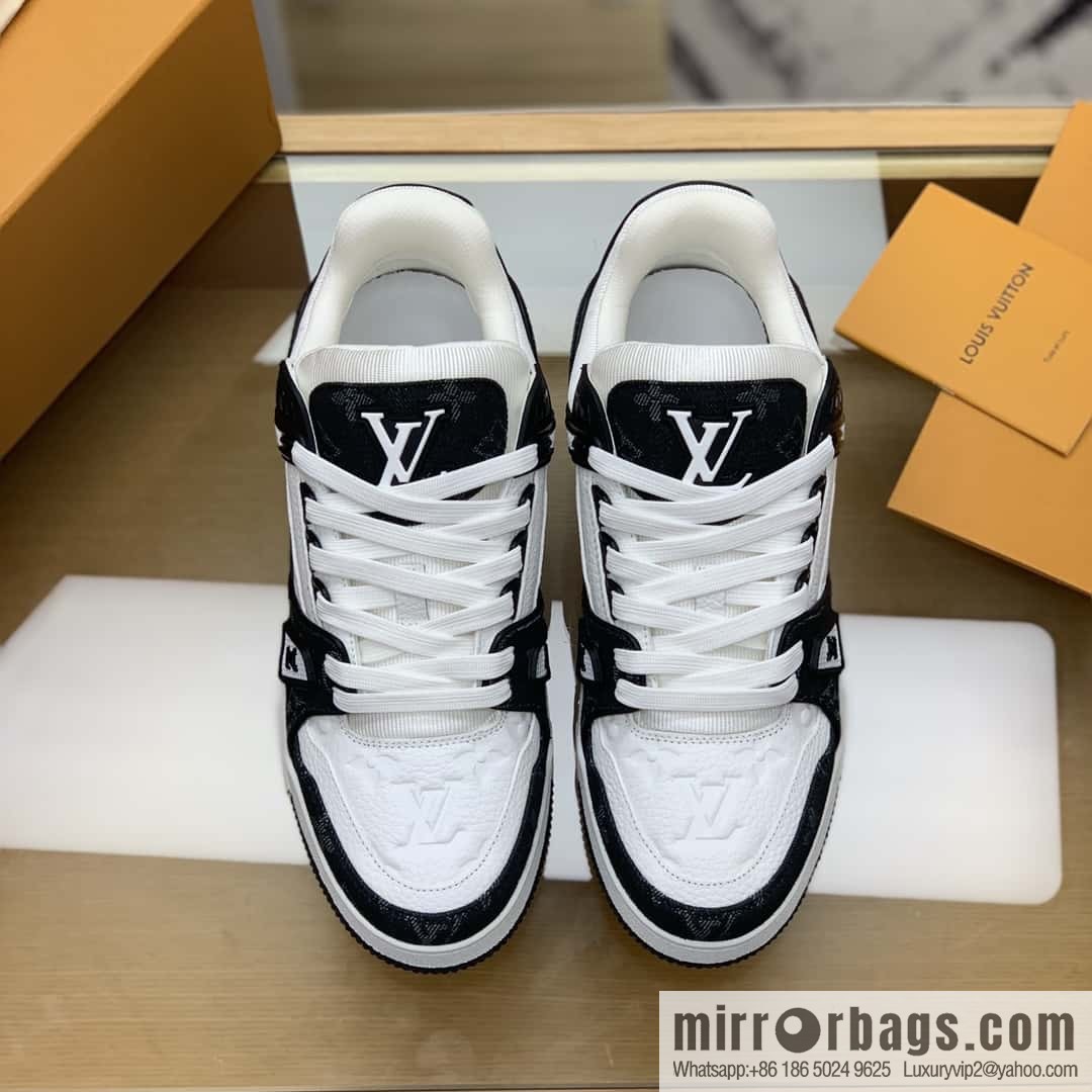 LV black denim patchwork white leather Vuitton logo His & Hers sports running shoes