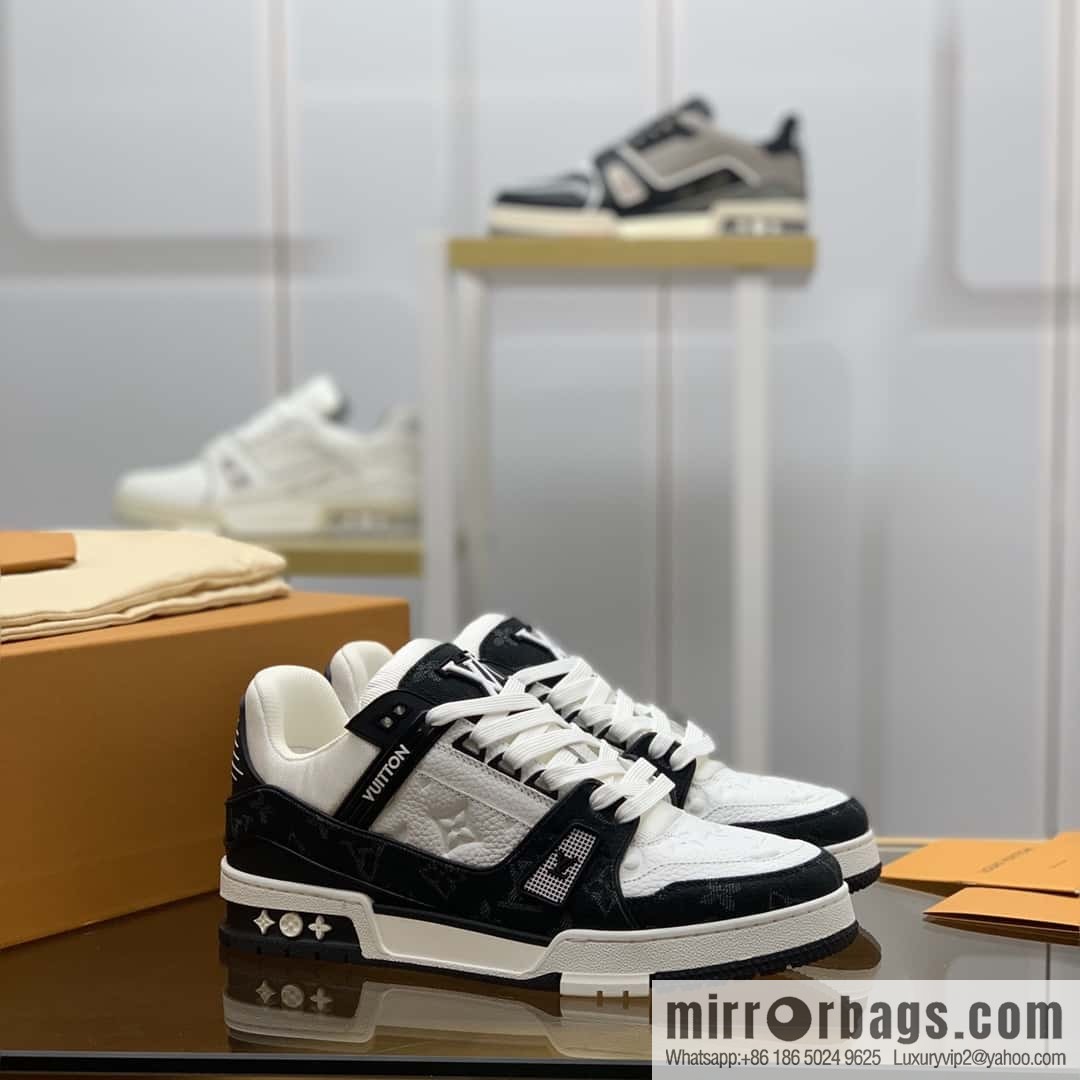 LV black denim patchwork white leather Vuitton logo His & Hers sports running shoes