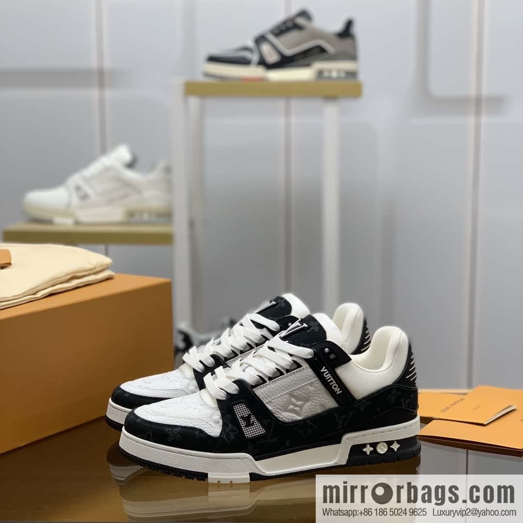 LV black denim patchwork white leather Vuitton logo His & Hers sports running shoes