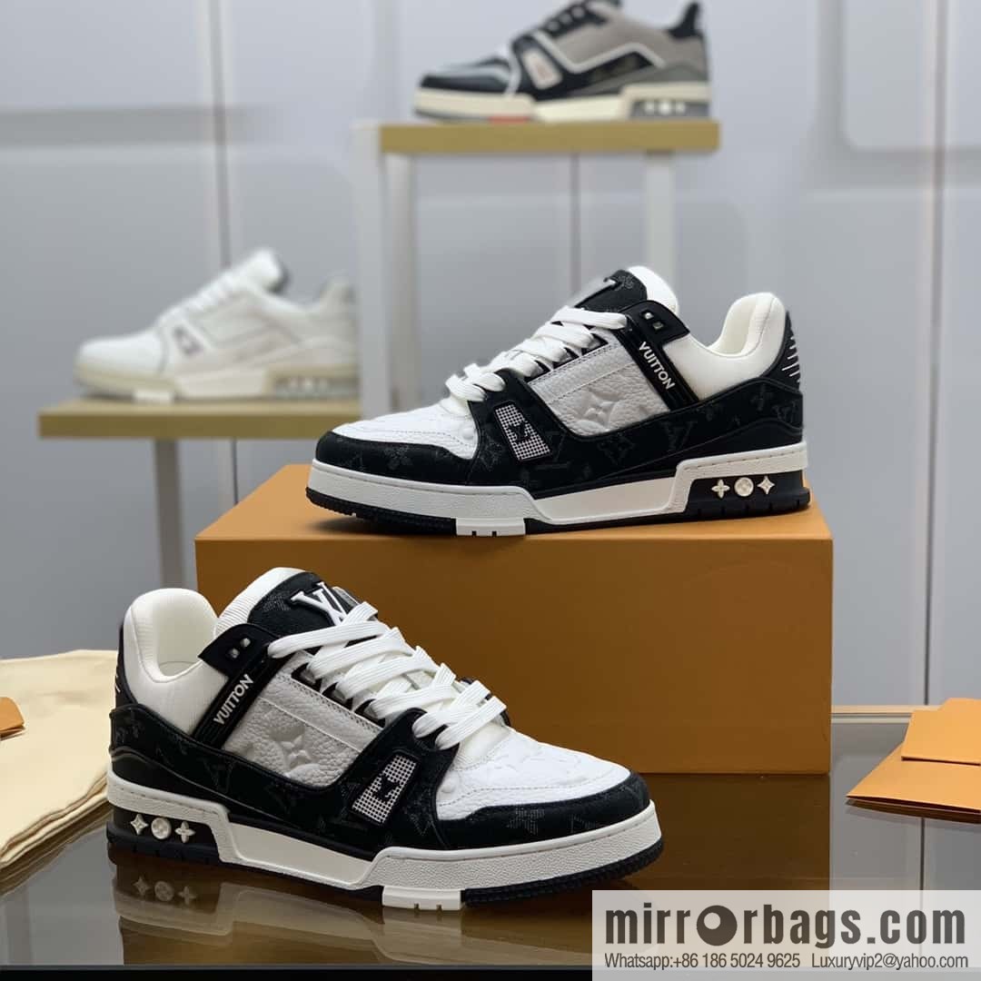 LV black denim patchwork white leather Vuitton logo His & Hers sports running shoes