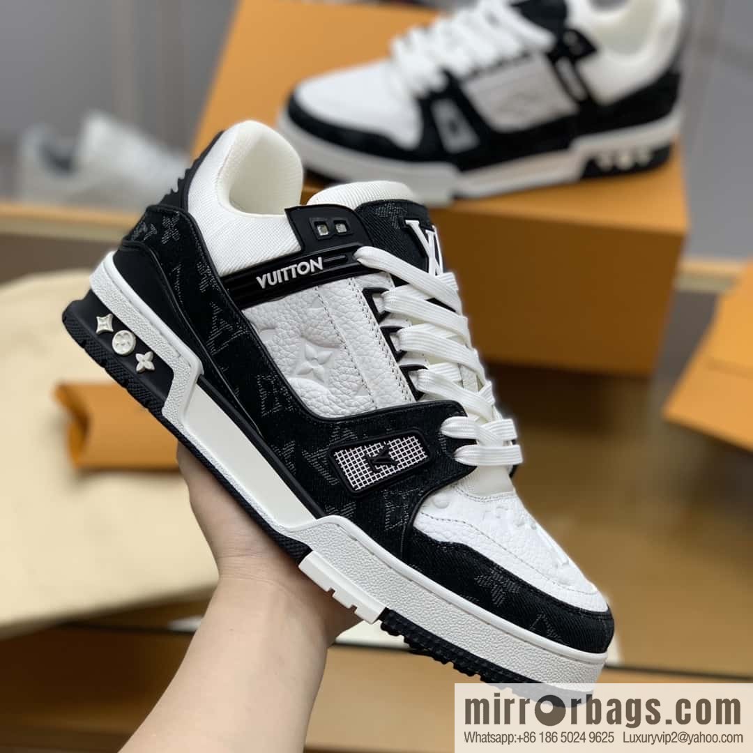 LV black denim patchwork white leather Vuitton logo His & Hers sports running shoes