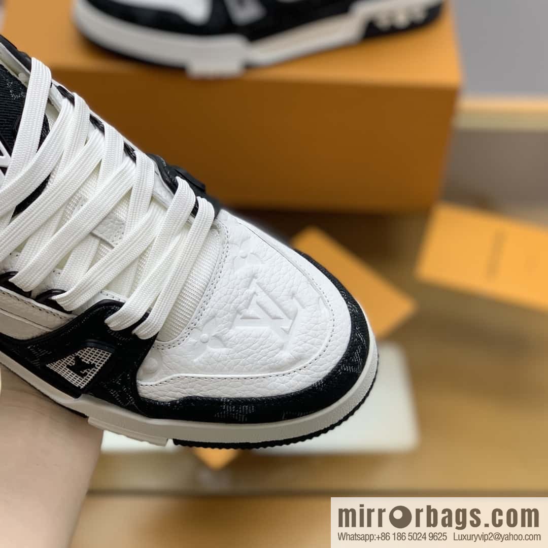 LV black denim patchwork white leather Vuitton logo His & Hers sports running shoes