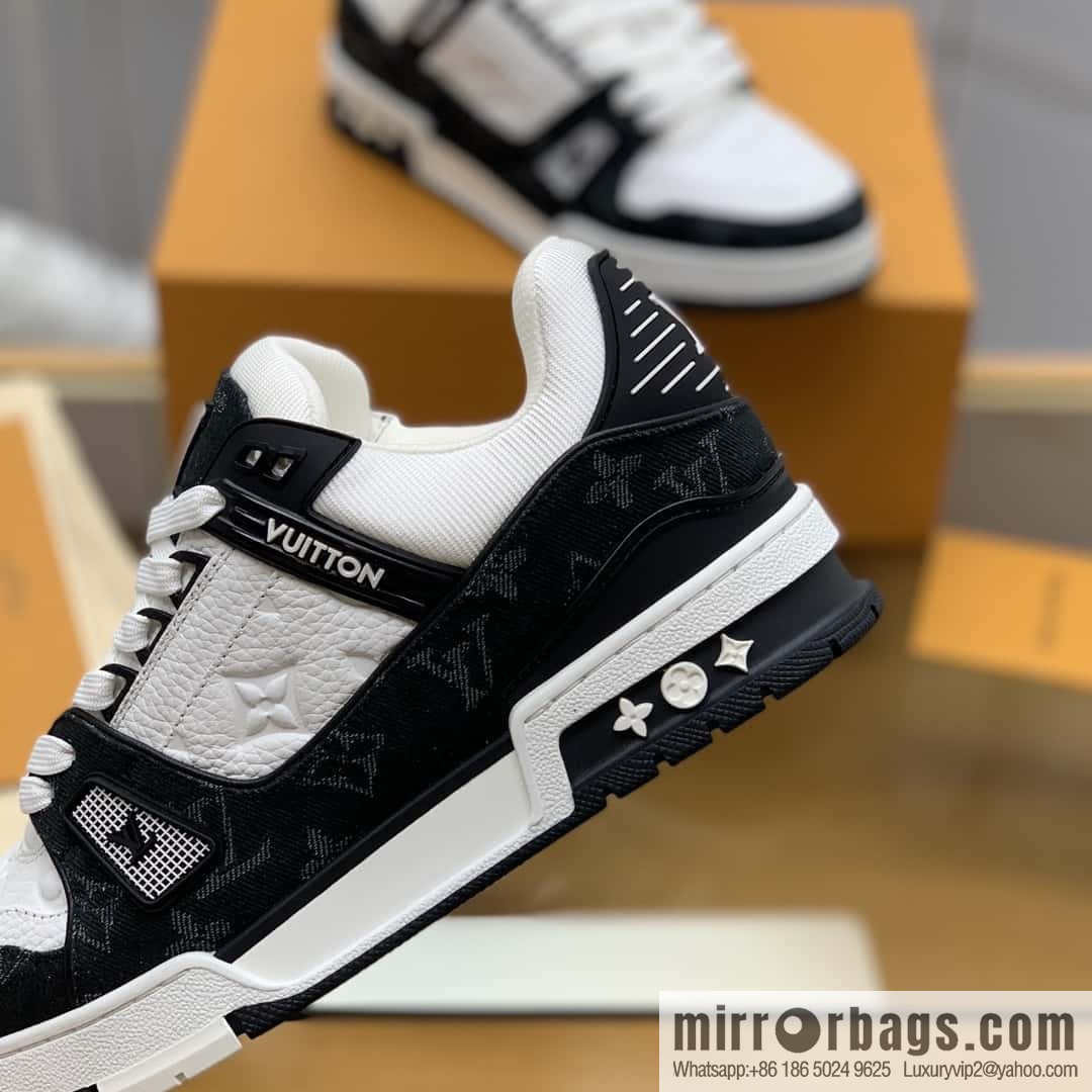 LV black denim patchwork white leather Vuitton logo His & Hers sports running shoes