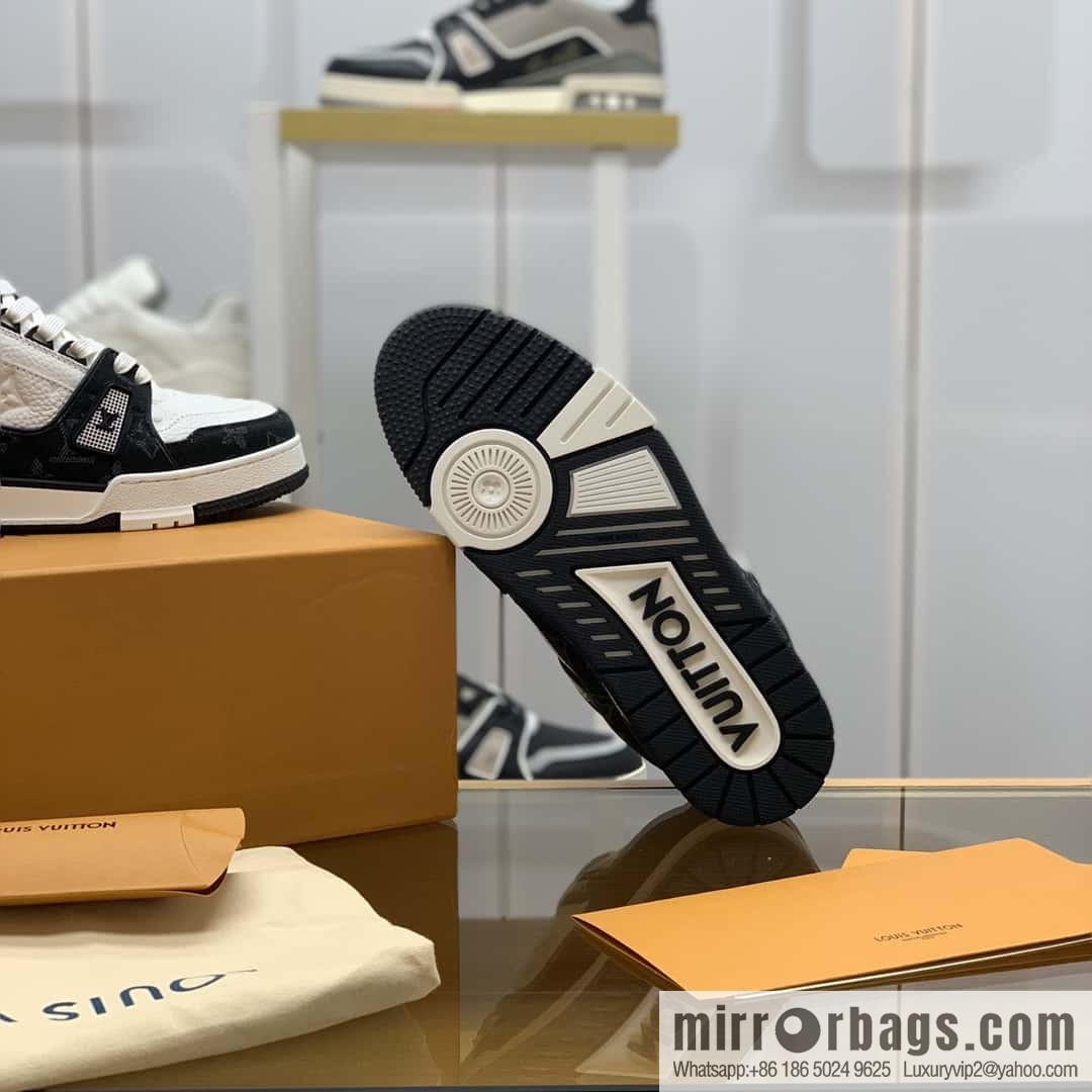 LV black denim patchwork white leather Vuitton logo His & Hers sports running shoes