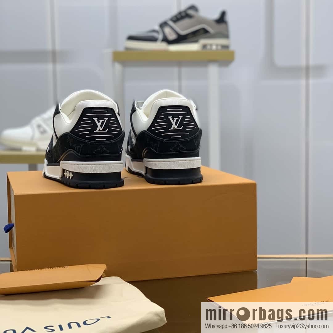 LV black denim patchwork white leather Vuitton logo His & Hers sports running shoes