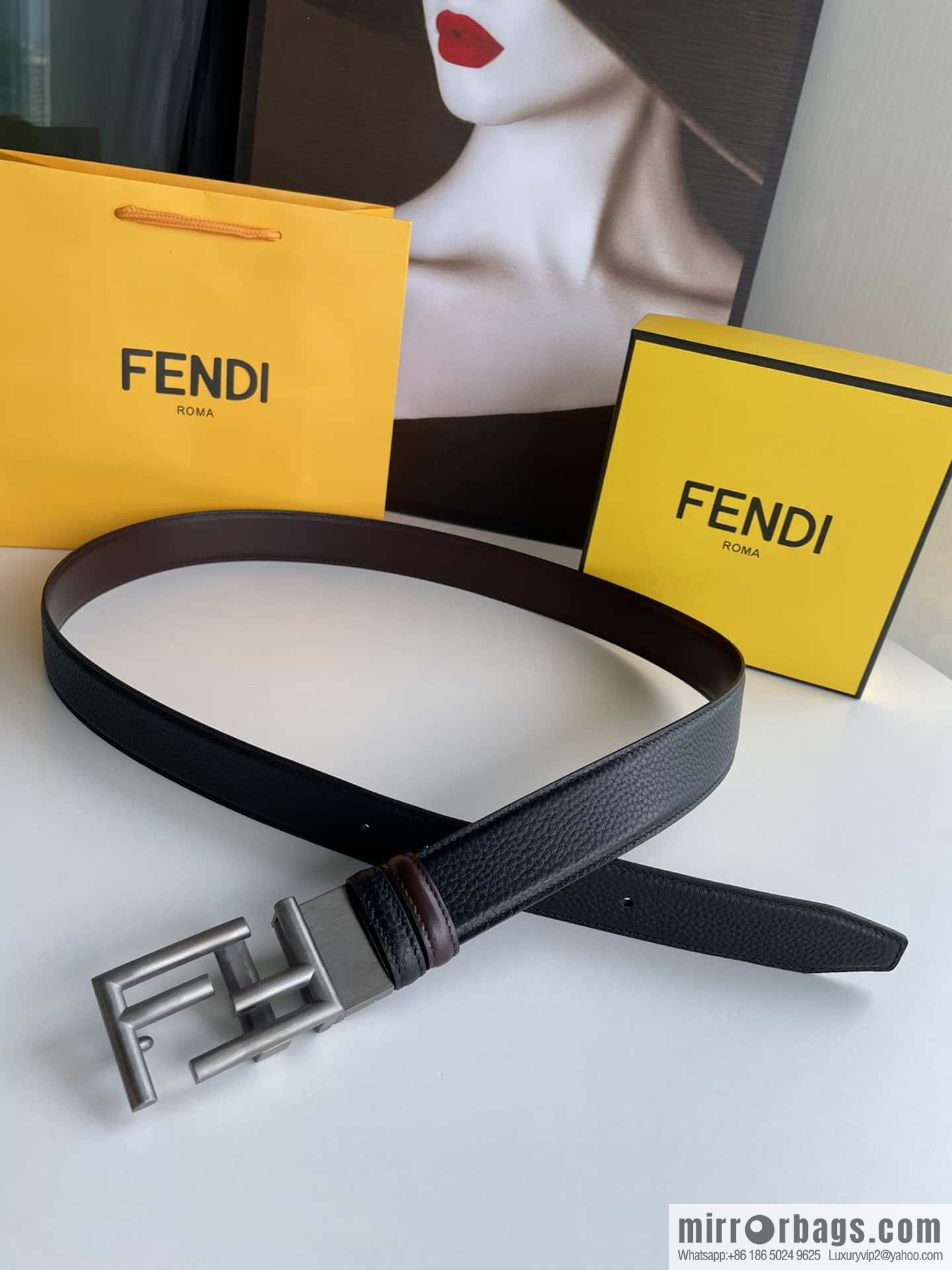 FENDI Fendi FF logo exquisite craftsmanship metal buckle first layer cowhide belt 3.5cm